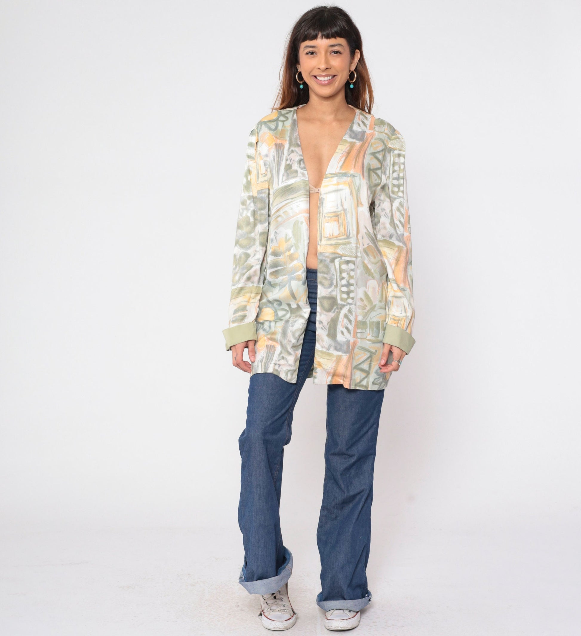 90s Abstract Floral Open Front Jacket Daisy Leaf Print Rayon Medium