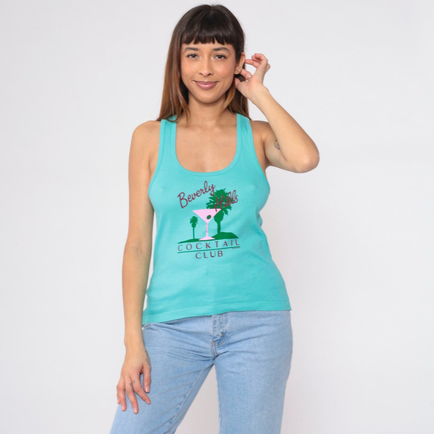 90s Beverly Hills Cocktail Club Tank Top Blue Graphic Tee Small