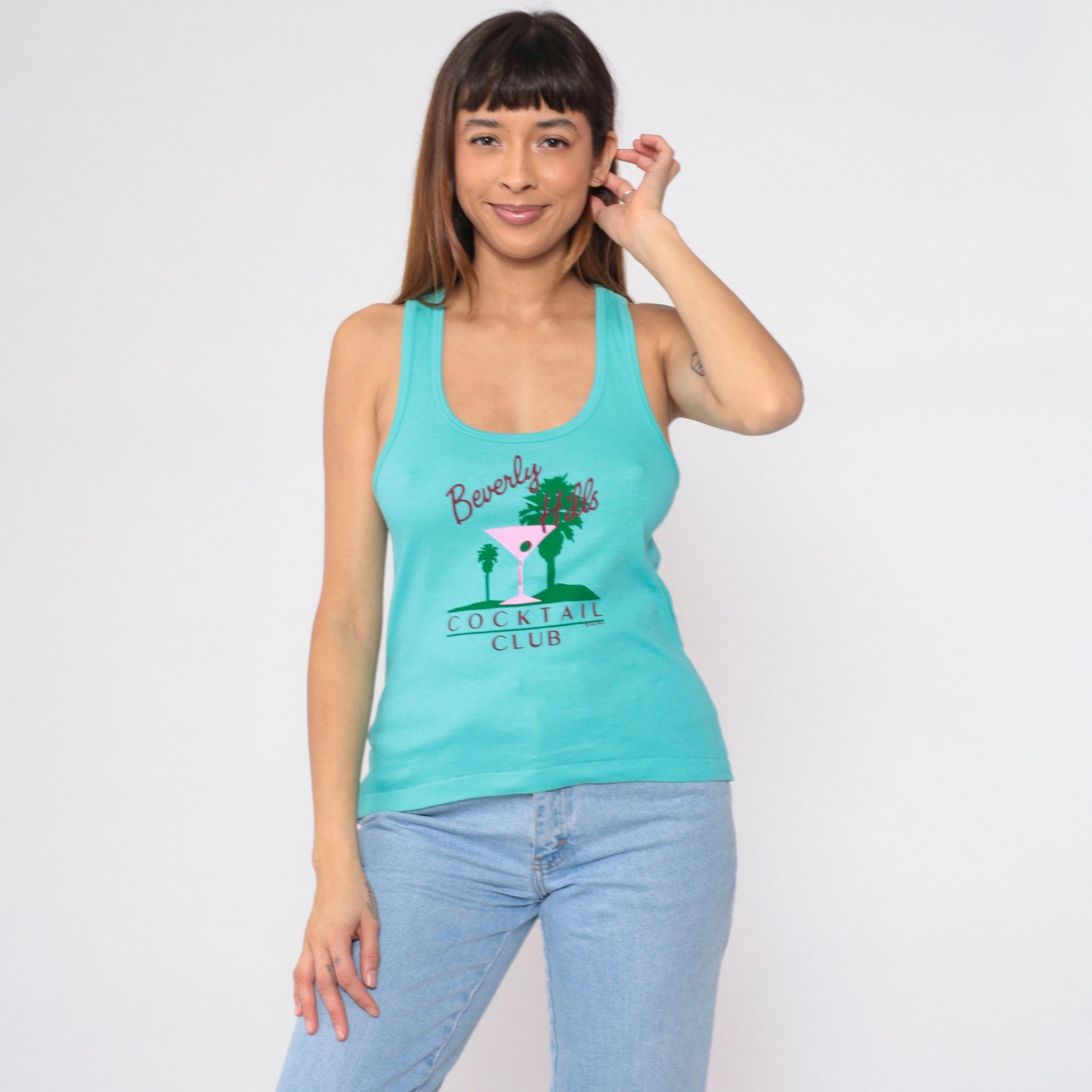 90s Beverly Hills Cocktail Club Tank Top Blue Graphic Tee Small