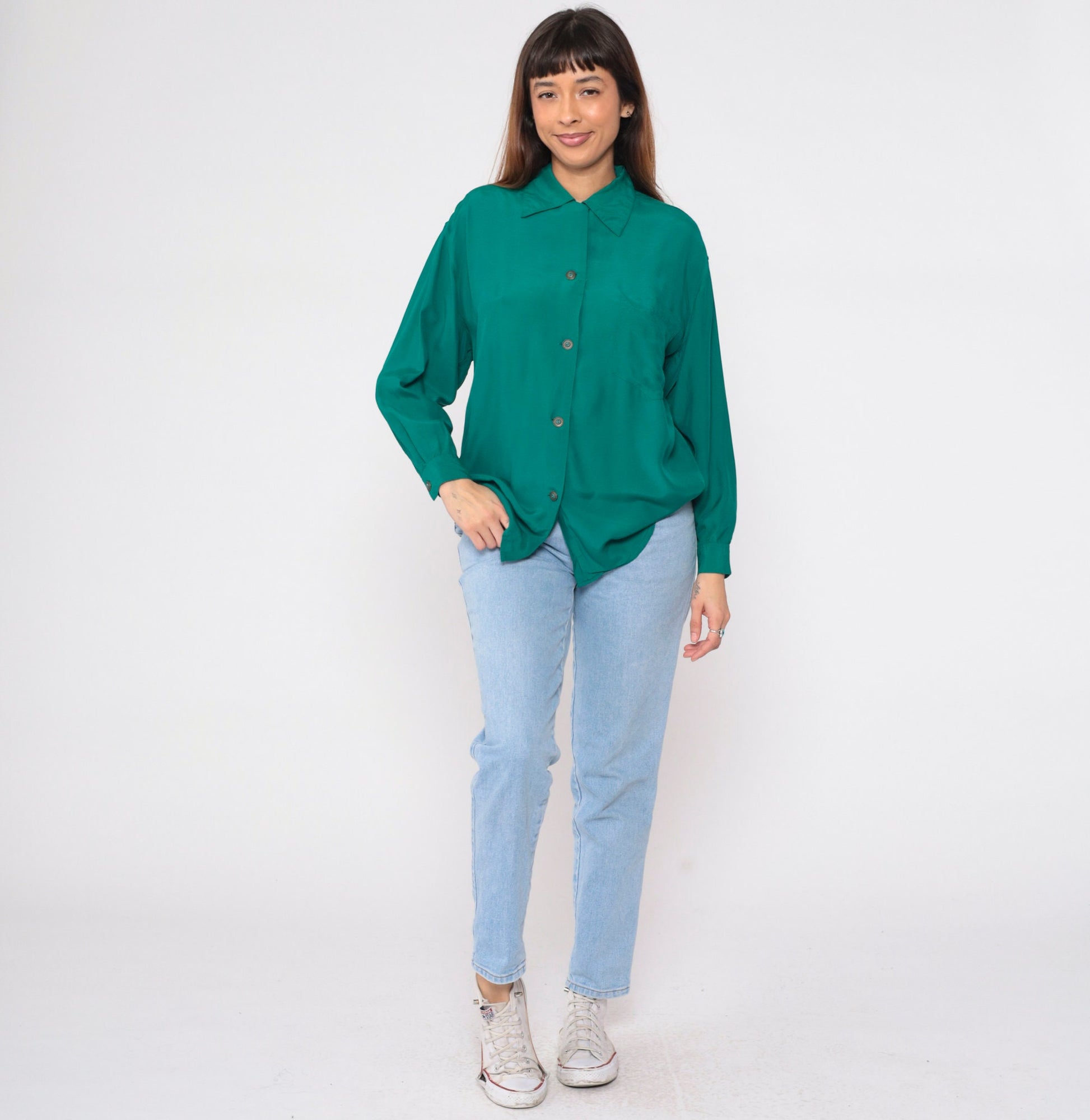 90s Paul Duffier Green Button-Up Blouse Long Sleeve Collared Small