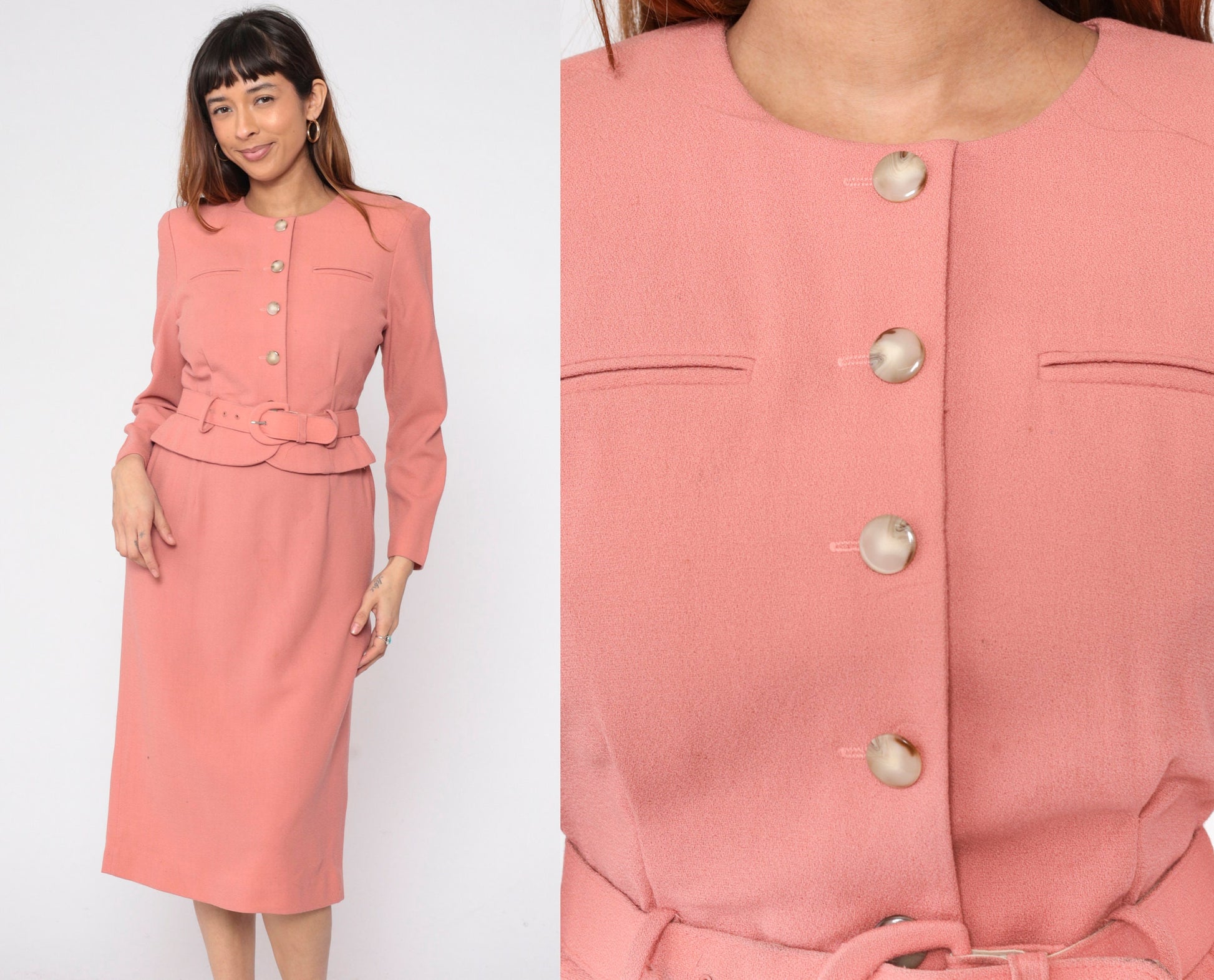 80s Talbots Salmon Pink Secretary Dress Midi Attached Jacket Small