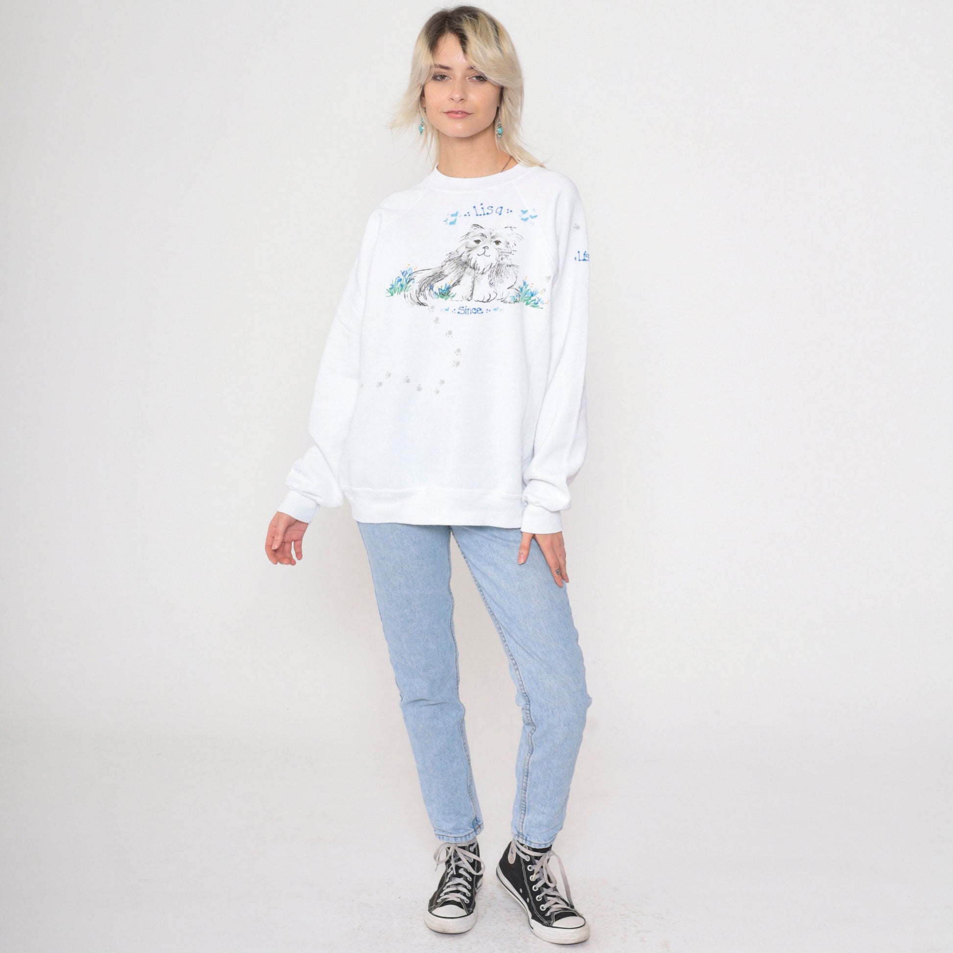 90s Hand Painted Cat Sweatshirt Lisa White Raglan Crewneck Medium