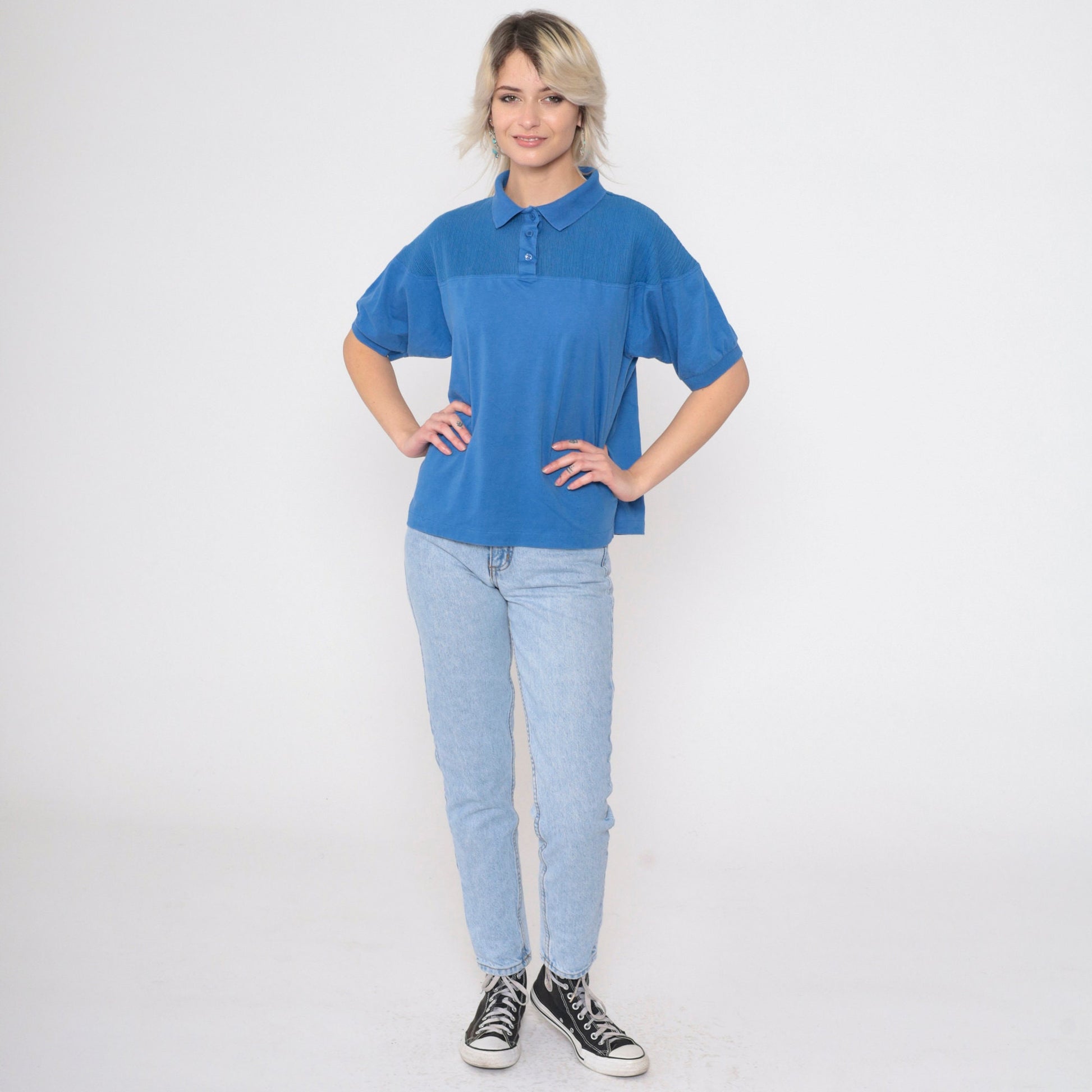 90s Blue Polo Shirt Cotton Blend Collared Short Sleeve Large