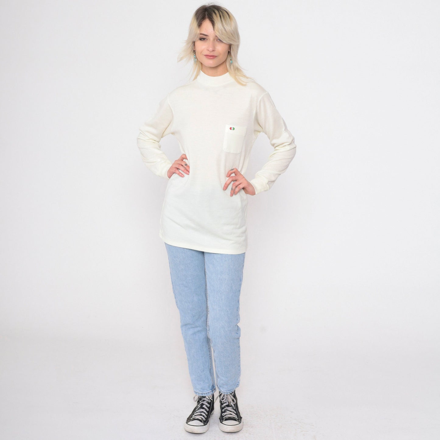80s Mock Neck Shirt Cream Diamond Pocket Long Sleeve Top Small
