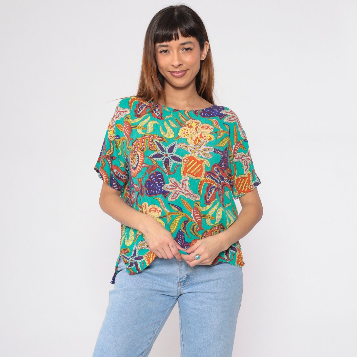 90s Under The Sea Print Rayon Blouse Turquoise Fish Starfish Small