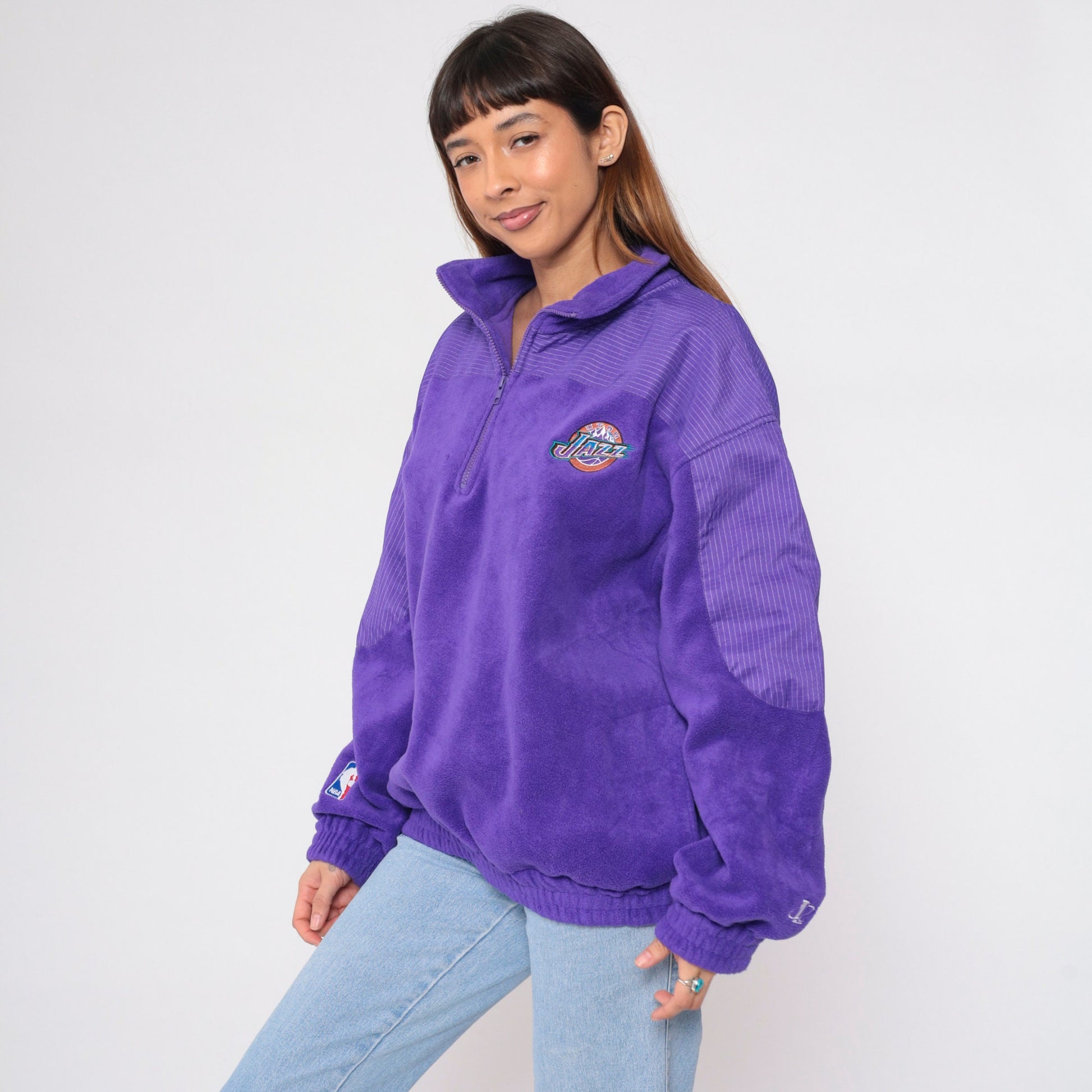 90s Utah Jazz Quarter Zip Fleece Sweatshirt Purple NBA Logo Men's XL