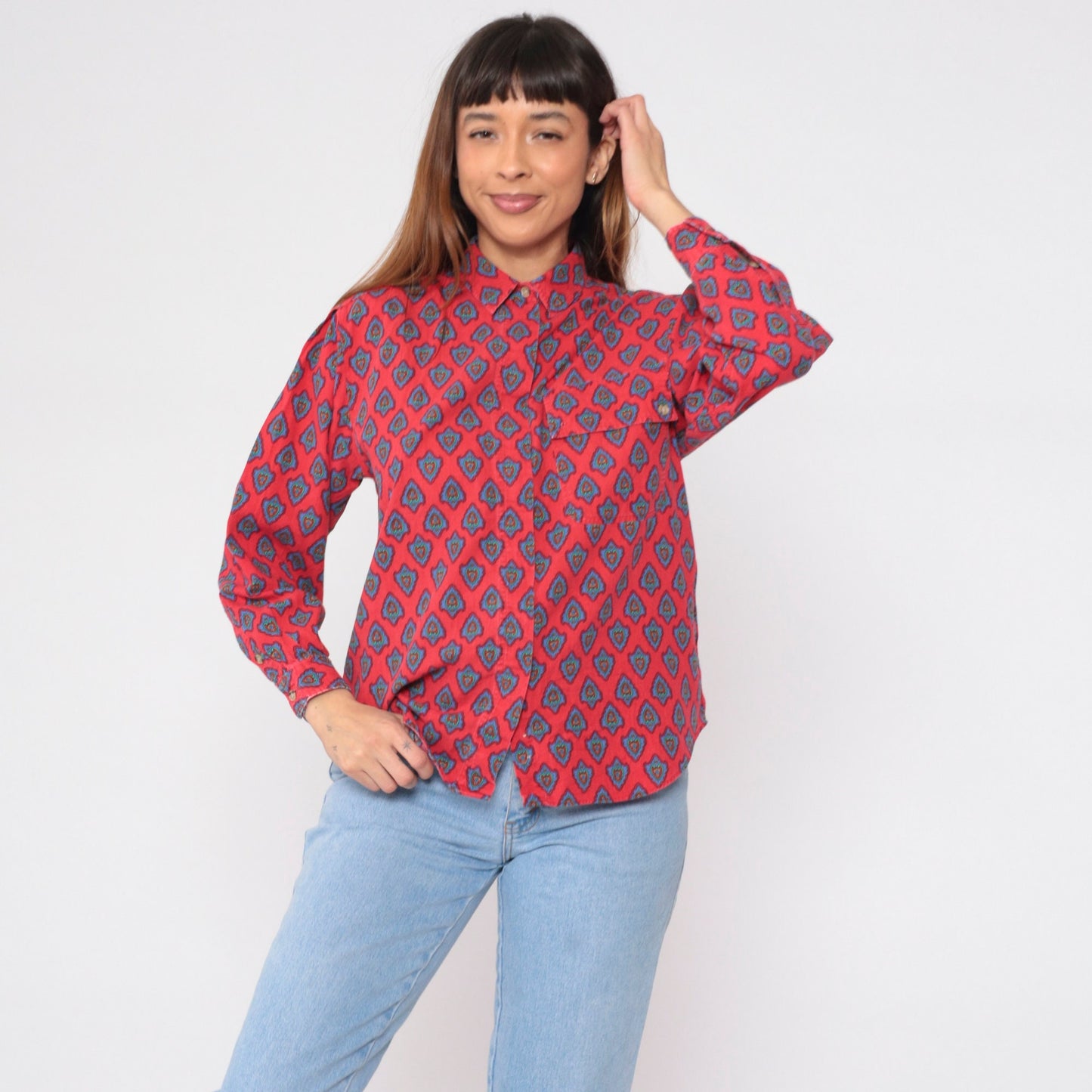 90s Heart Print Button-Up Blouse Red Floral Cotton Long Sleeve Medium M