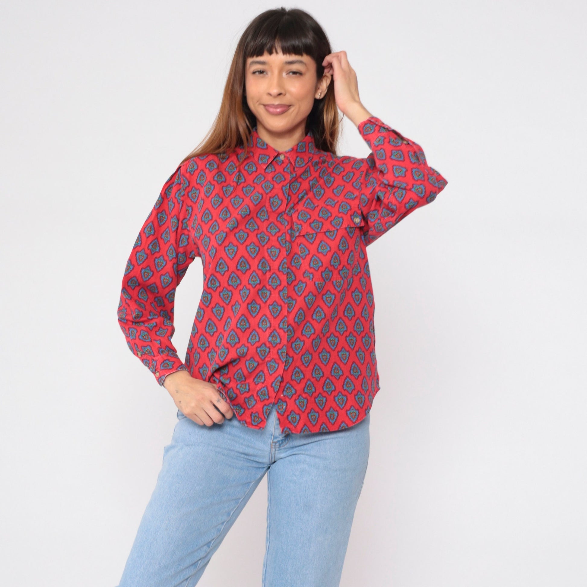 90s Heart Print Button-Up Blouse Red Floral Cotton Long Sleeve Medium M