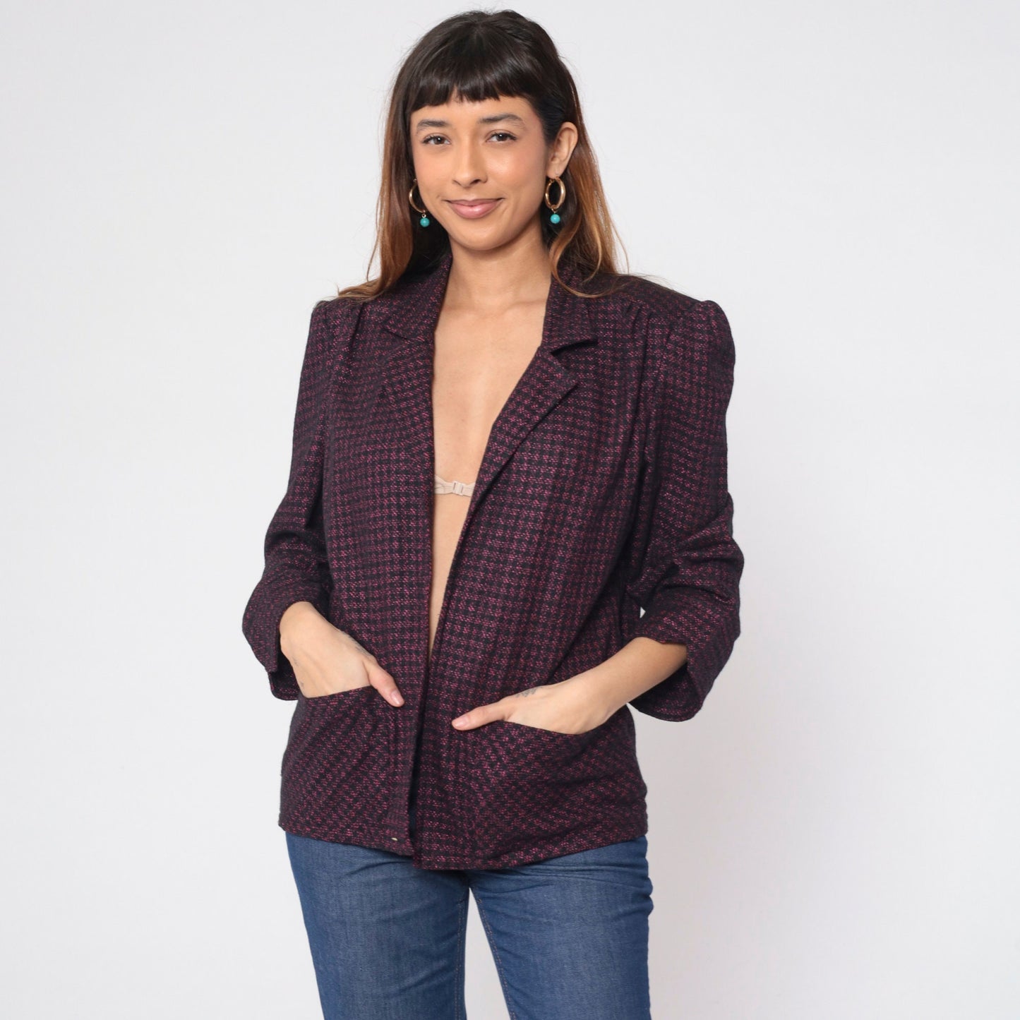 90s Metallic Checkered Blazer Pink Black Open Front Wool Blend Large L