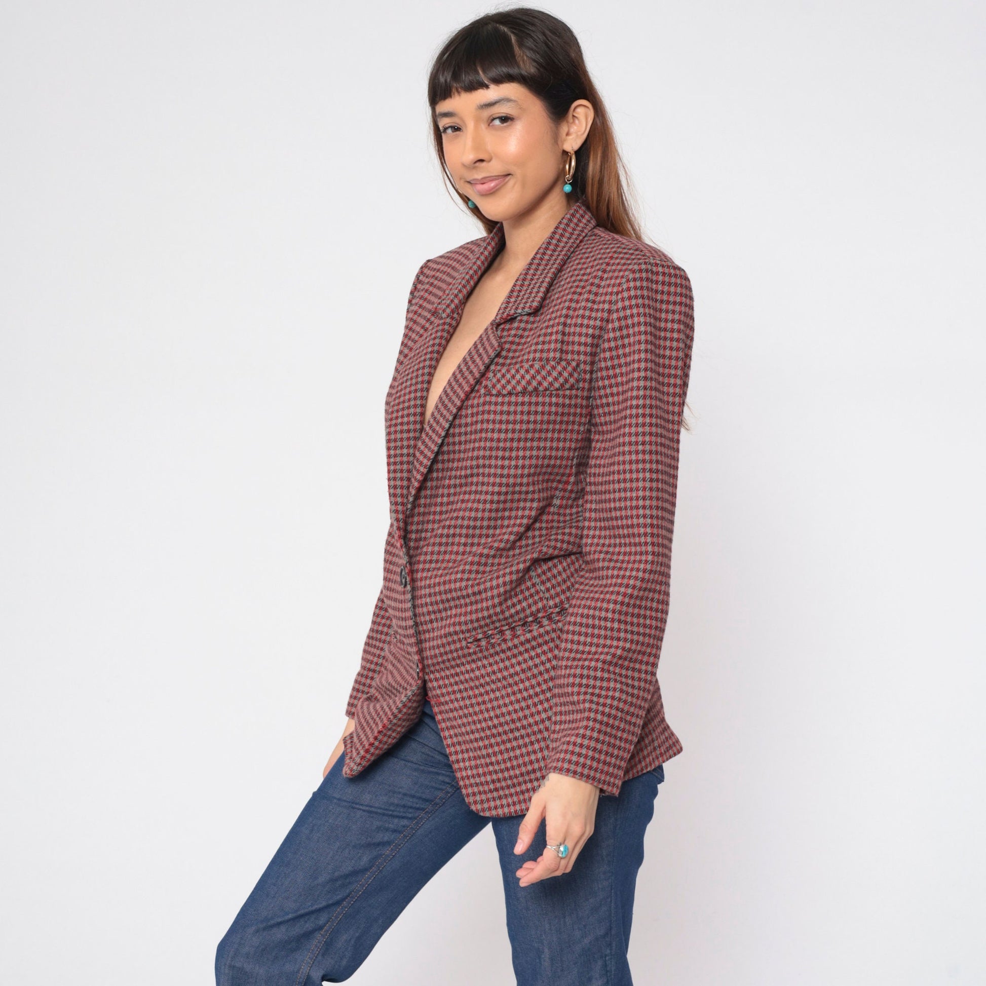 90s Rampage Plaid Blazer Red Grey Checkered Wool Blend Small