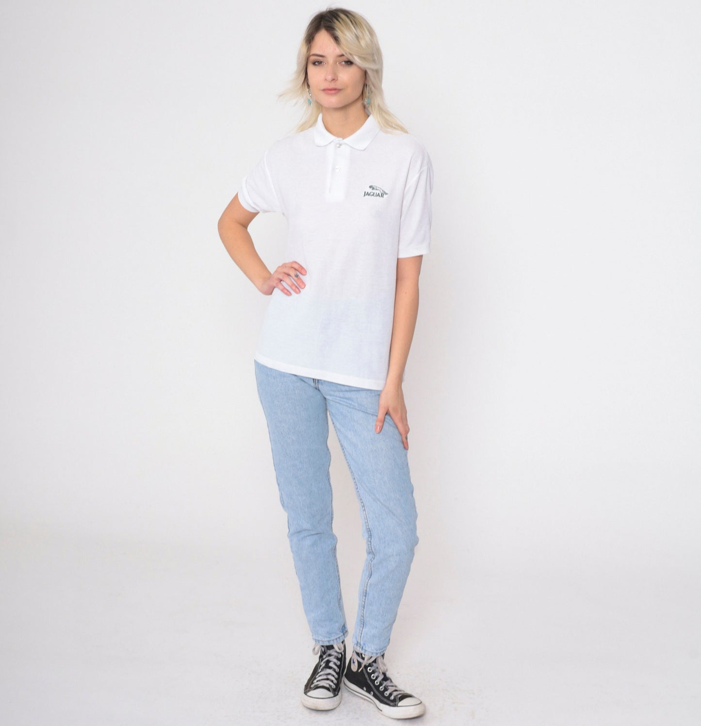 80s Jaguar Logo Polo Shirt White Cotton Graphic Button-Up Medium
