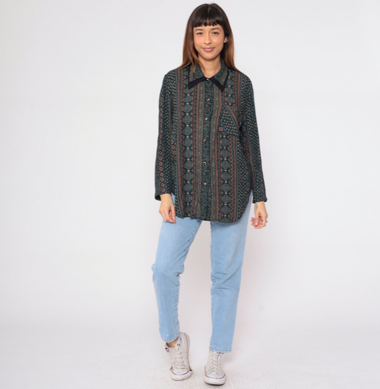 90s Striped Abstract Print Button-Up Blouse Layered Collar Long Sleeve Plus Size XXL