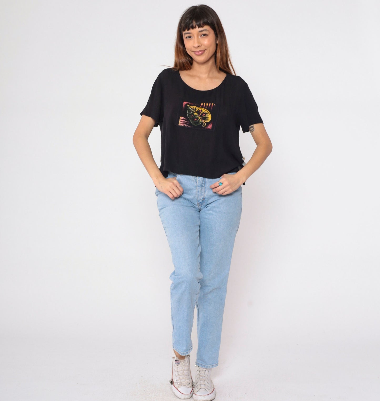 90s Black Leaf Patch Blouse Short Sleeve Button Side Slit Rayon Top Medium