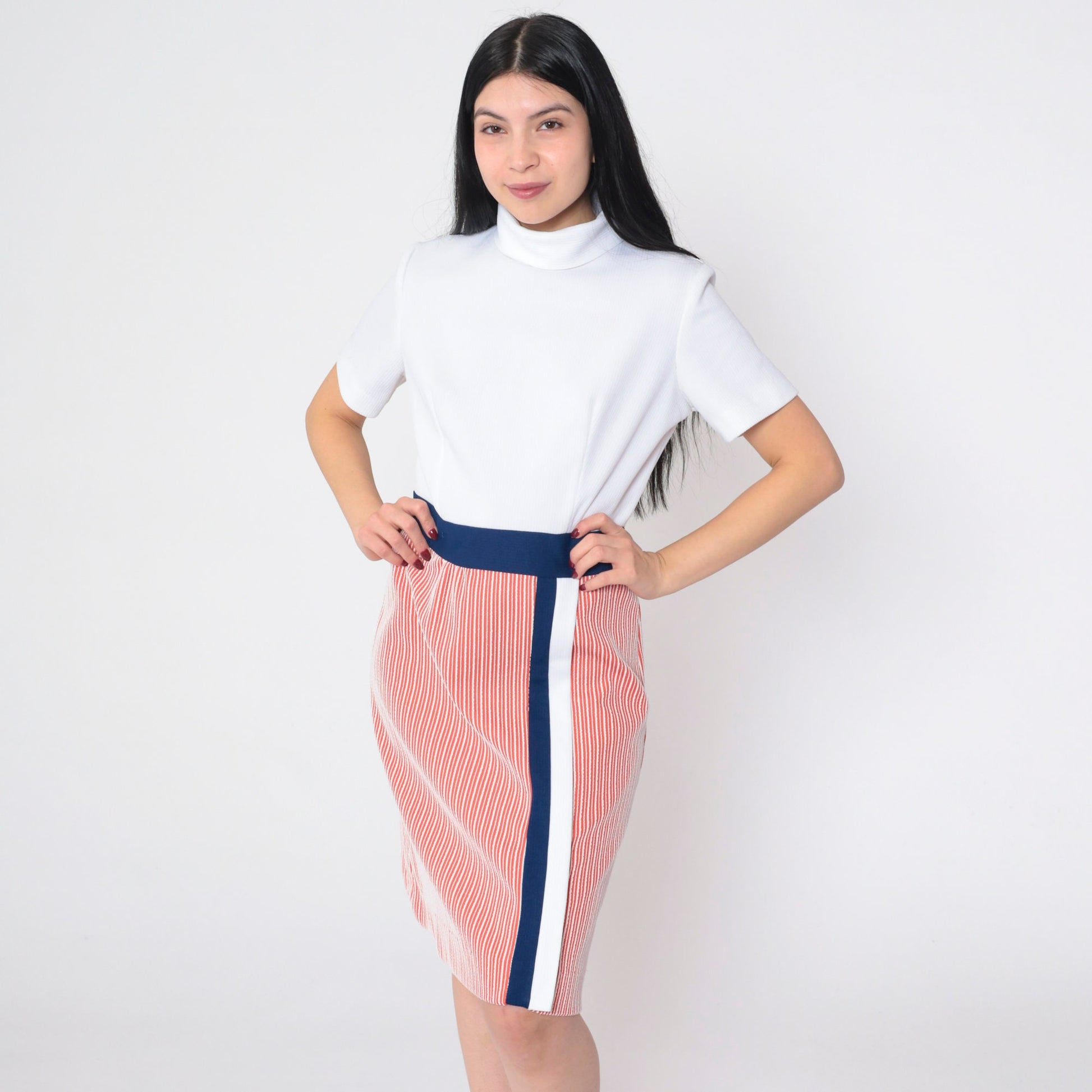 60s Striped Shift Dress Mock Neck Mini Red White Navy Blue Medium M