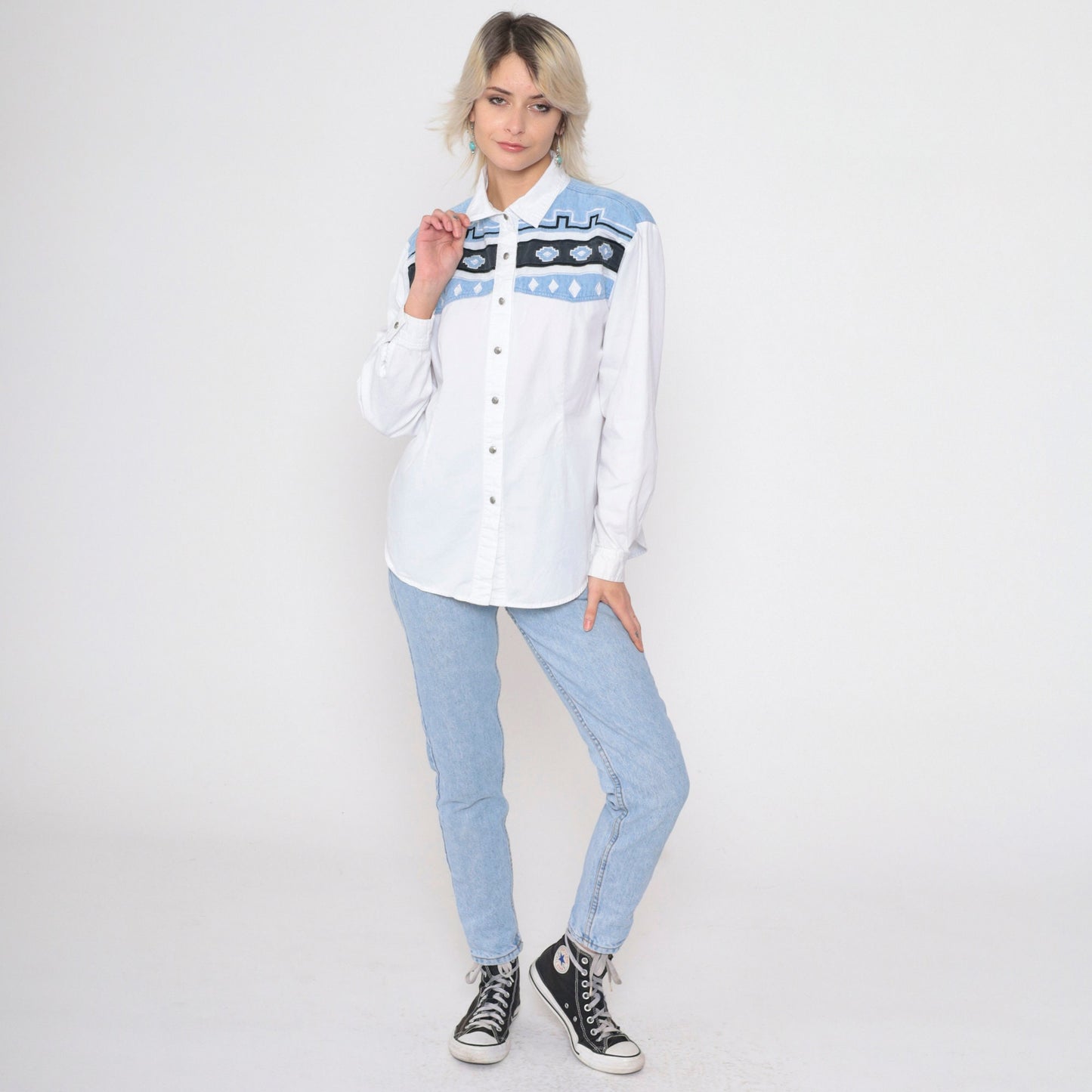 90s Adobe Rose Southwestern Embroidered Button Up Blouse White Cotton Large L