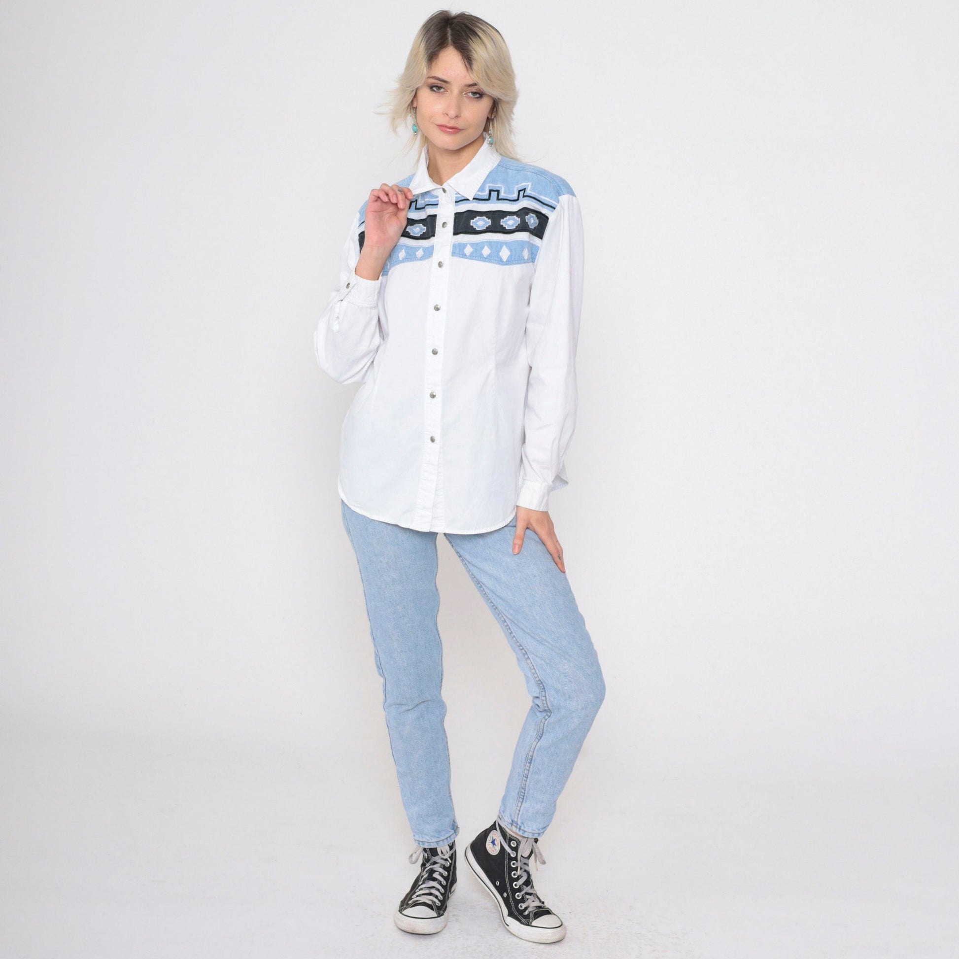 90s Adobe Rose Southwestern Embroidered Button Up Blouse White Cotton Large L