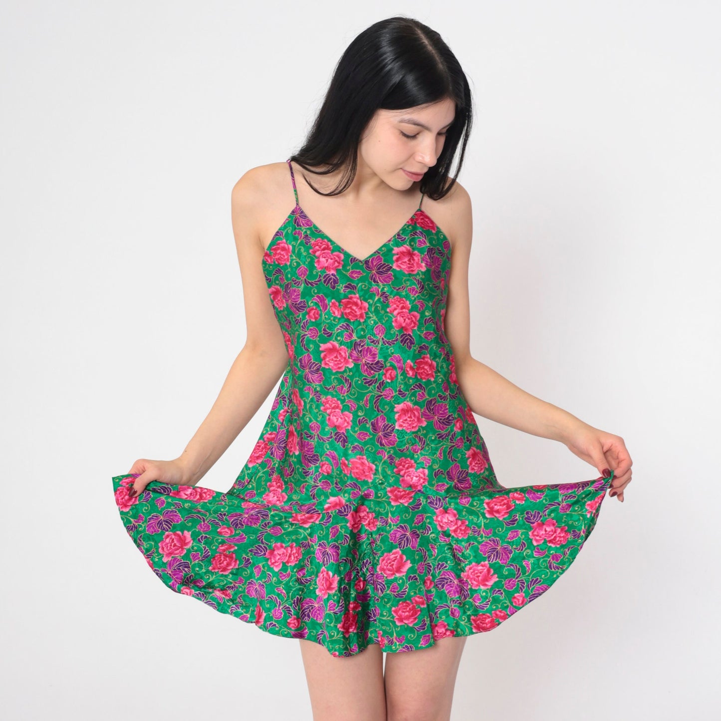 90s Green Floral Mini Slip Dress Drop Waist Spaghetti Strap Small M