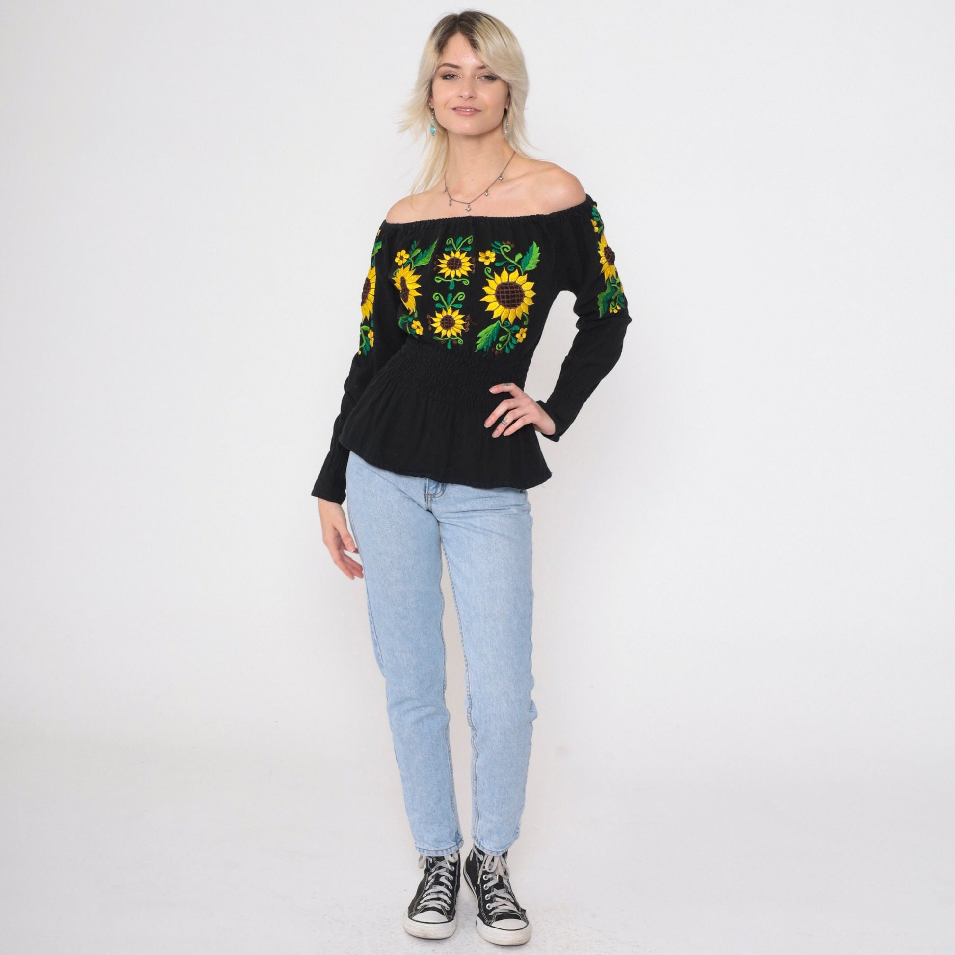 90s Mexican Embroidered Blouse Black Off-Shoulder Sunflower Smocked Small