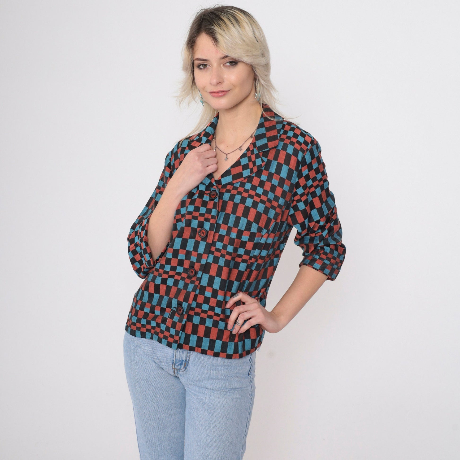 90s Checkered Blazer Black Blue Burnt Orange Op Art Print Medium