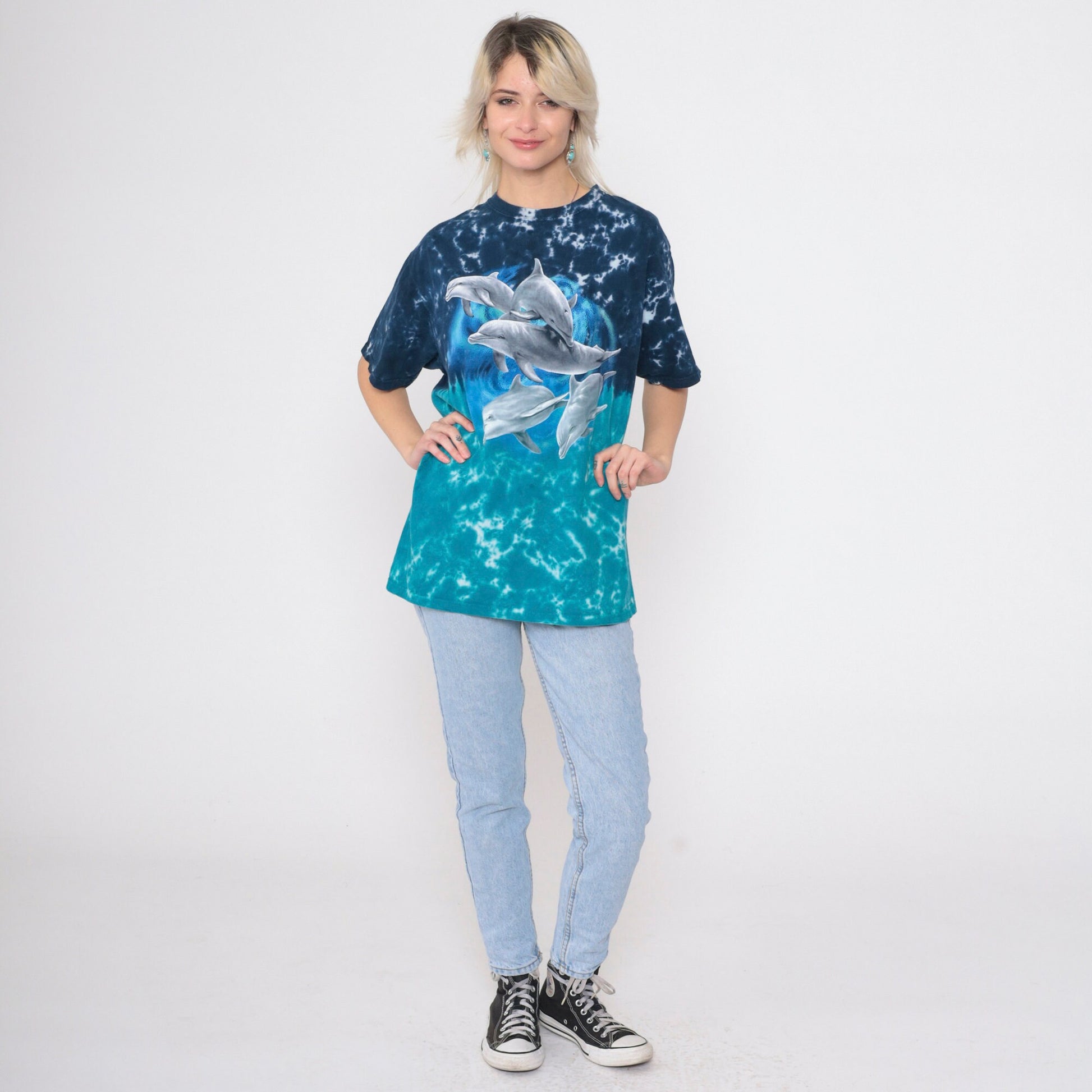 Y2K Sea World San Antonio Tie Dye Dolphin Graphic Tee Blue Cotton Medium