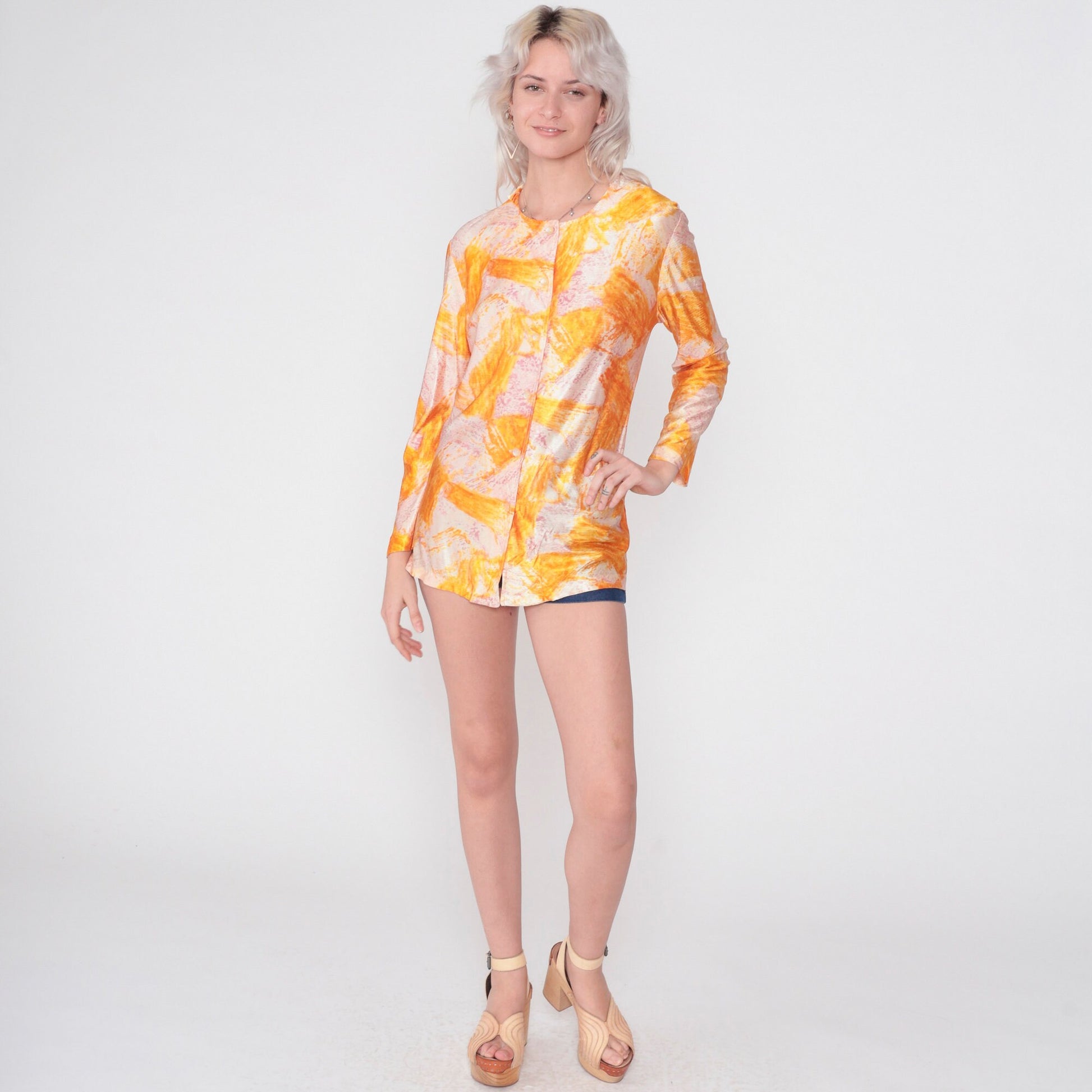 70s Abstract Brushstroke Print Blouse Long Sleeve Button Up Orange Purple Medium