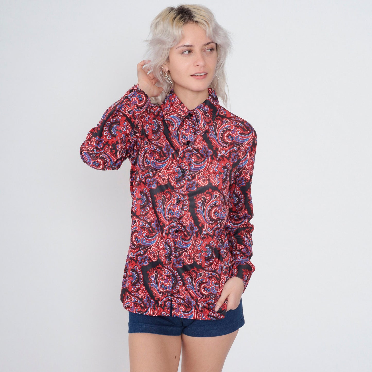 70s Disco Paisley Print Button-Up Blouse Long Sleeve Pointed Collar Black Red Blue Medium