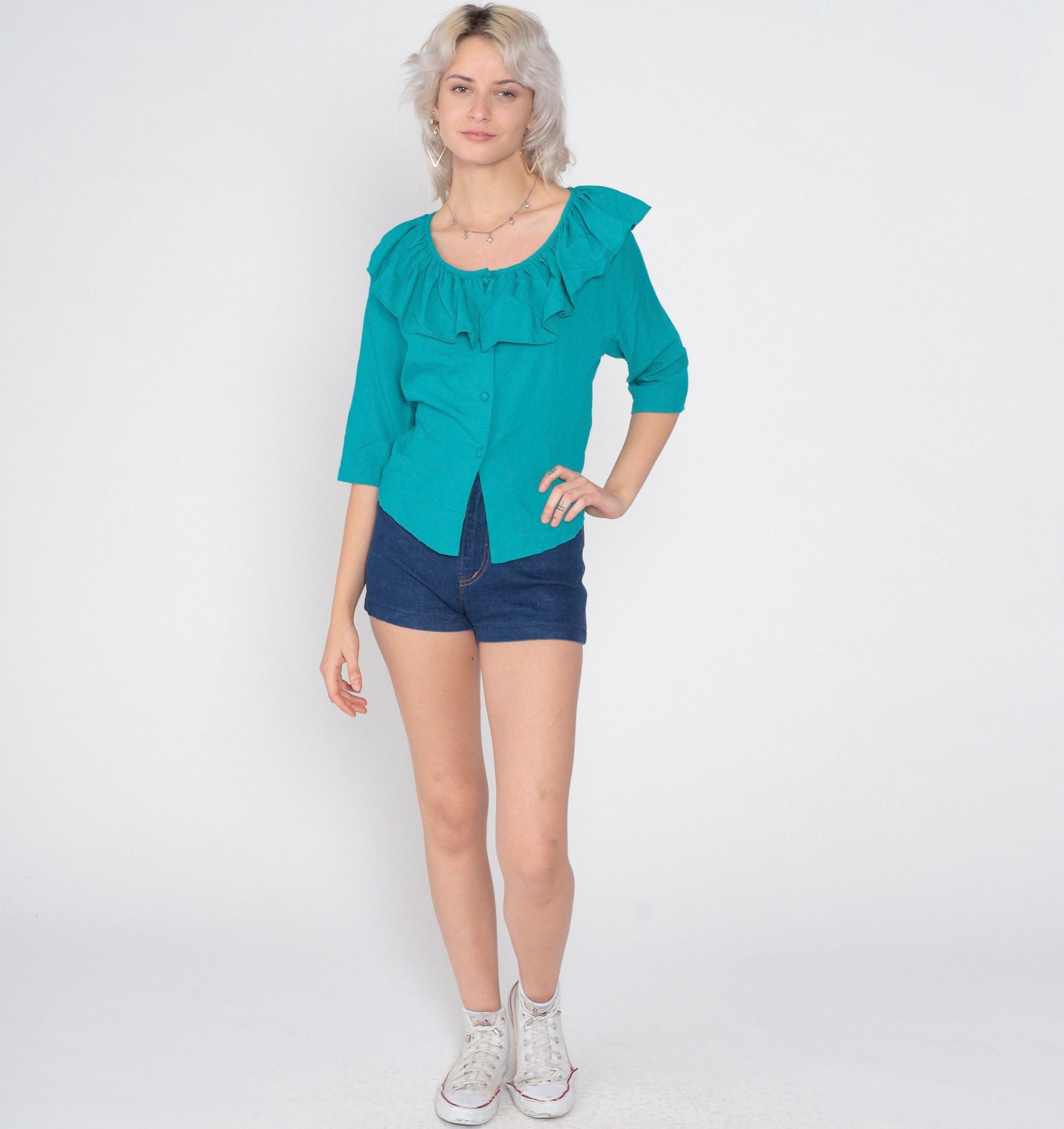 80s Teal Ruffled Neckline Button-Up Blouse 3/4 Sleeve Medium