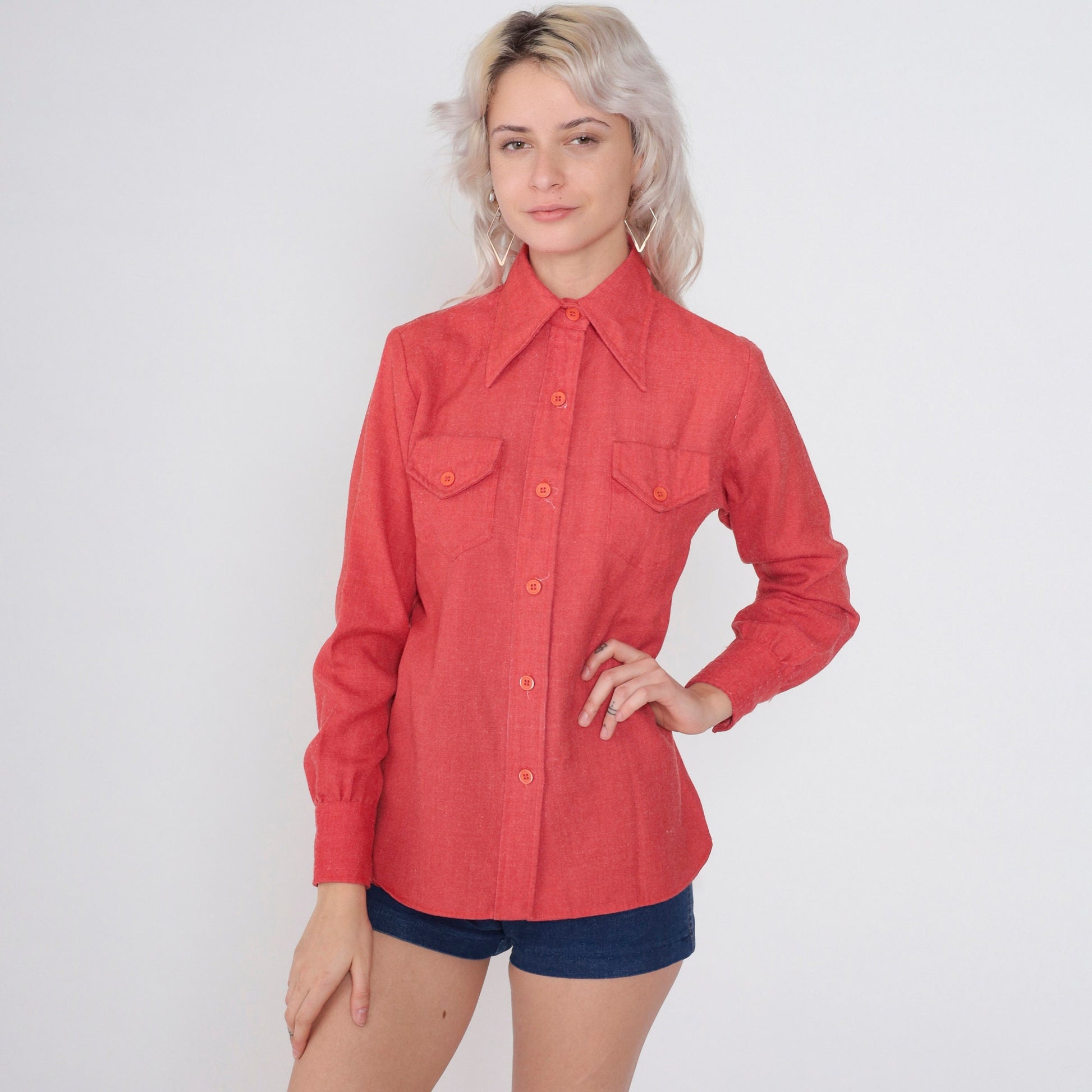 70s Lady Manhattan Red Button-Up Blouse Dagger Collar Long Sleeve Medium