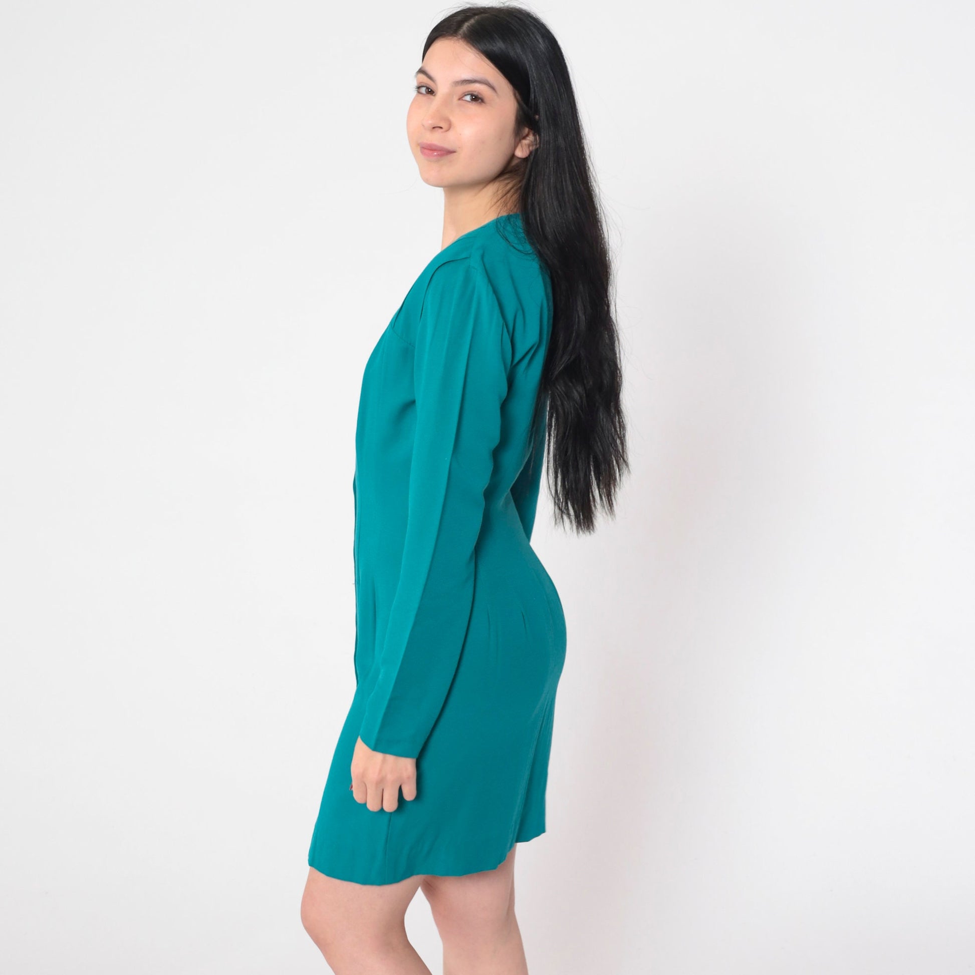 90s All That Jazz Teal Mini Dress Button-Up Long Sleeve V-Neck Small S