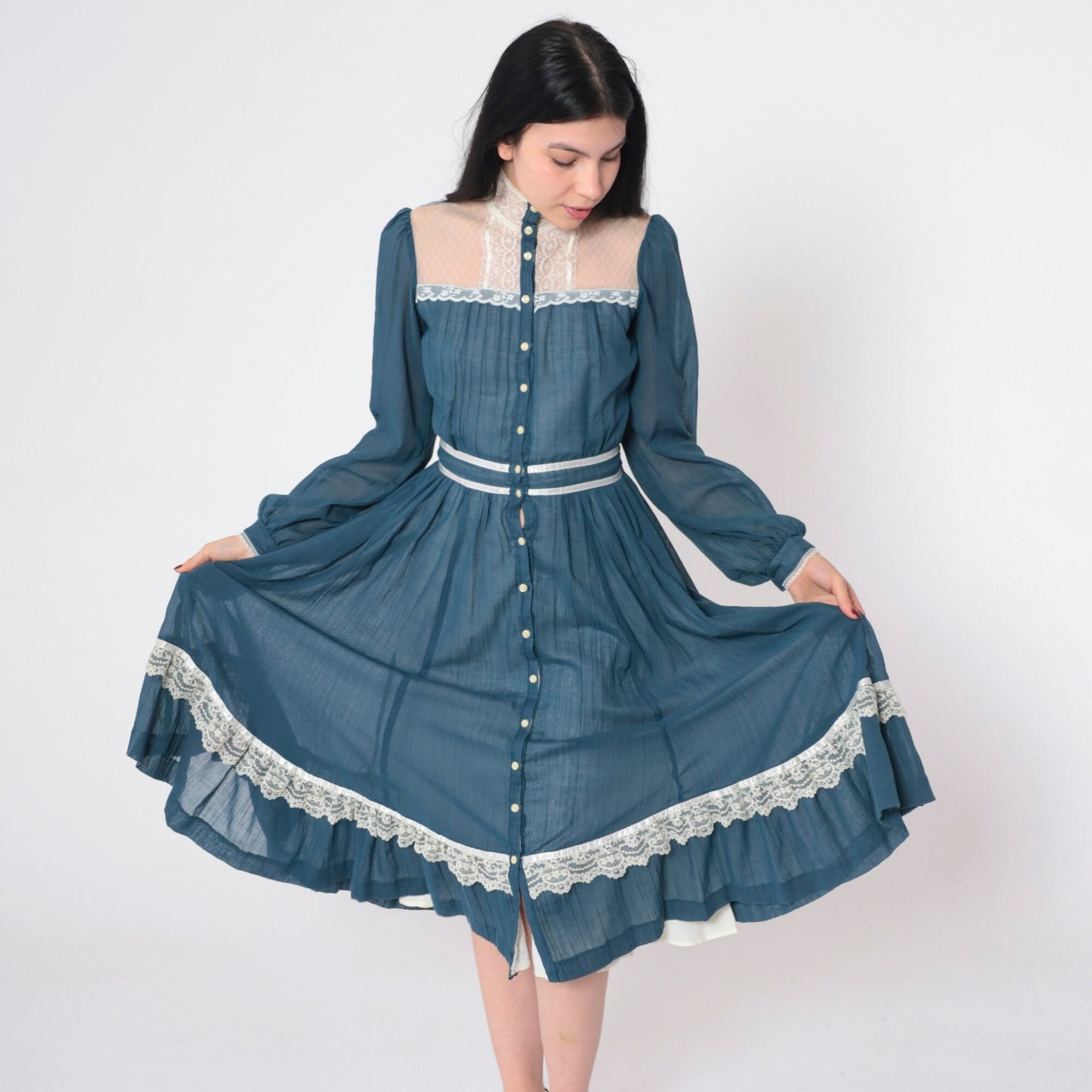 70s Gunne Sax Prairie Midi Dress Blue Lace Puff Sleeve High Waist Extra Small