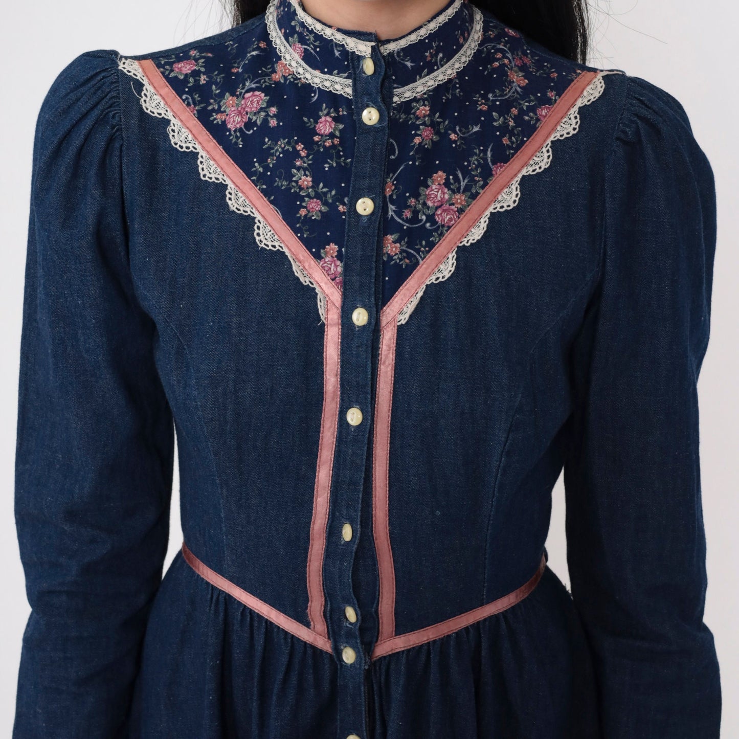 70s Gunne Sax Prairie Dress Blue Denim Calico Floral Puff Sleeve Midi XXS