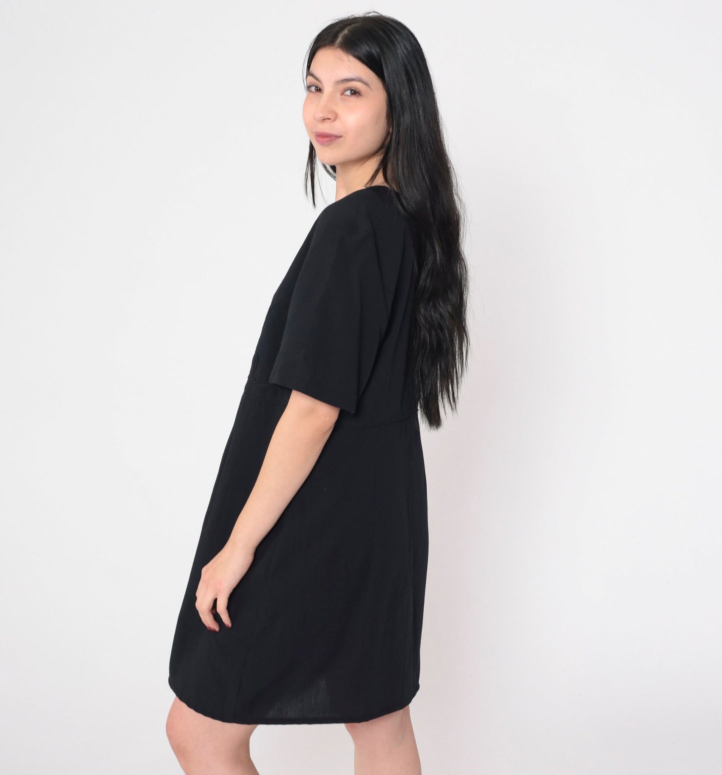 90s Kathie Lee Black Mini Shift Dress Soutache Trim Short Sleeve Large