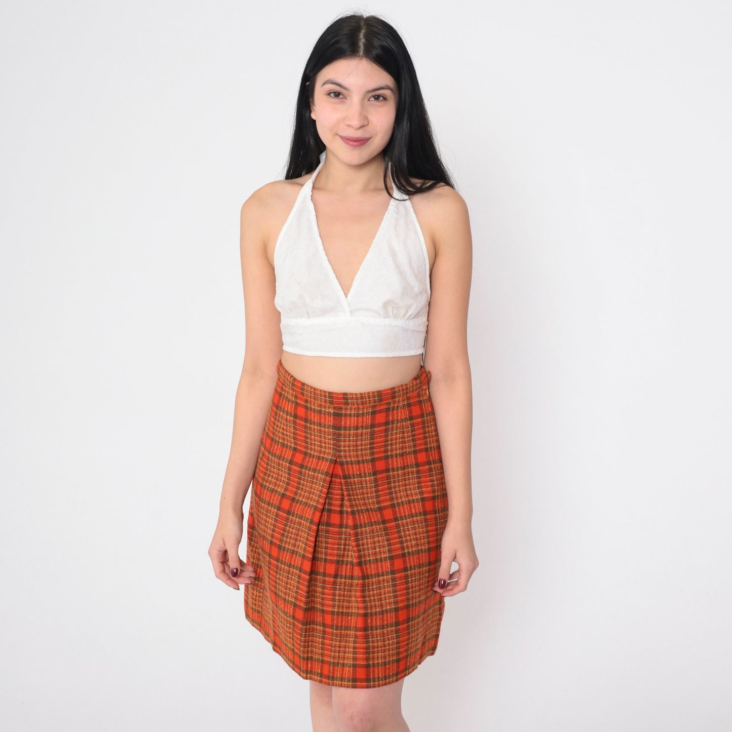 60s Red Plaid Wool Blend Mini Skirt High Waisted Pleated Small