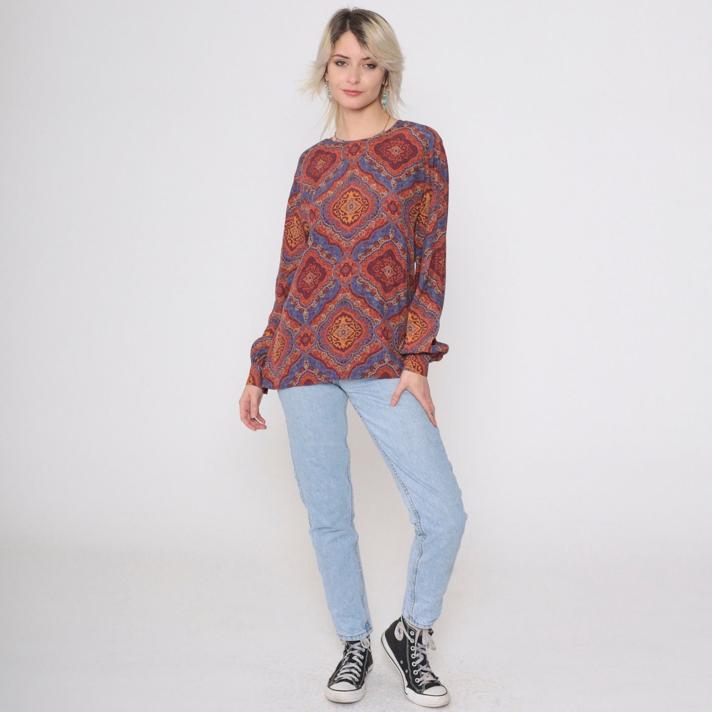 90s Liz Claiborne Geometric Print Blouse Back Button Long Sleeve Small 6