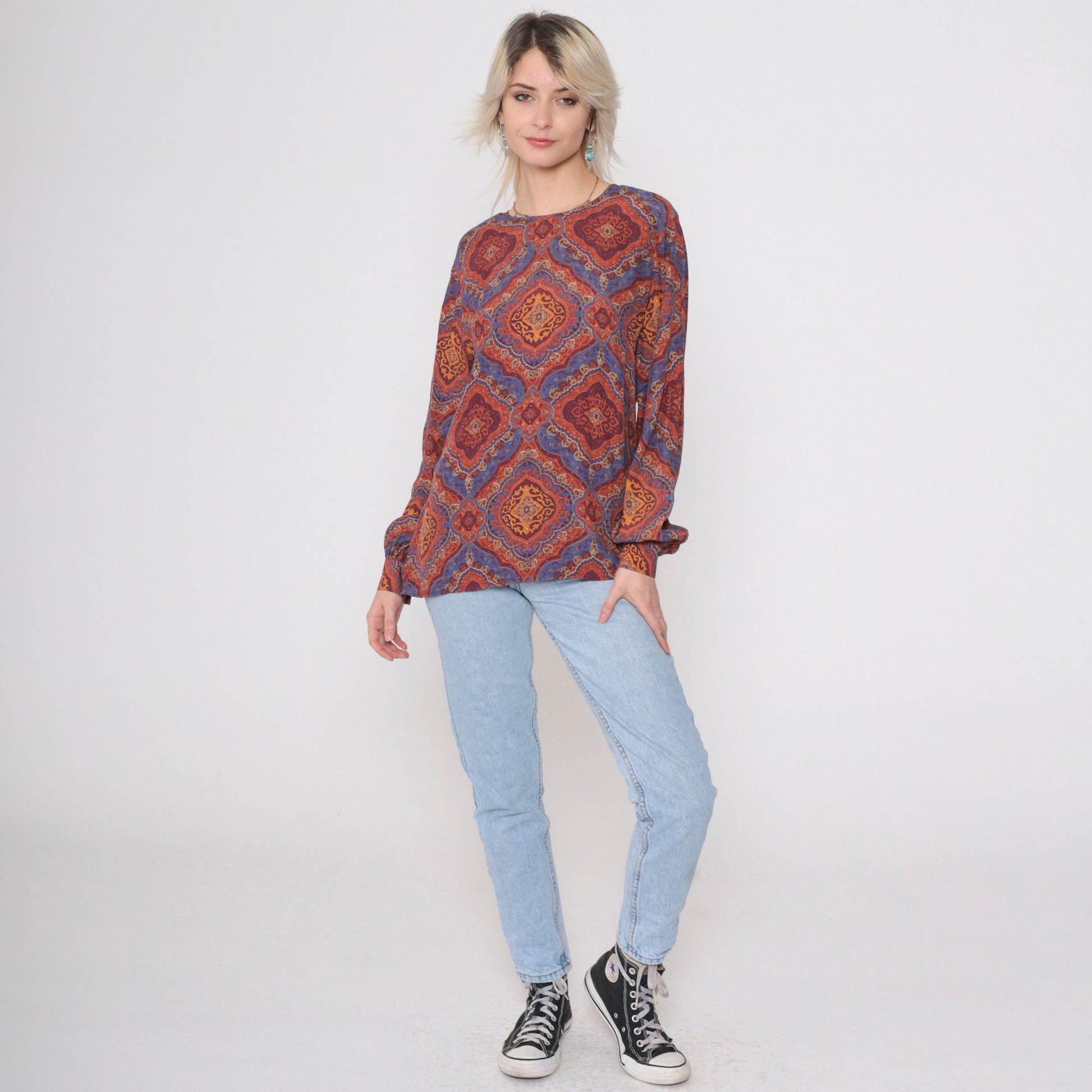 90s Liz Claiborne Geometric Print Blouse Back Button Long Sleeve Small 6