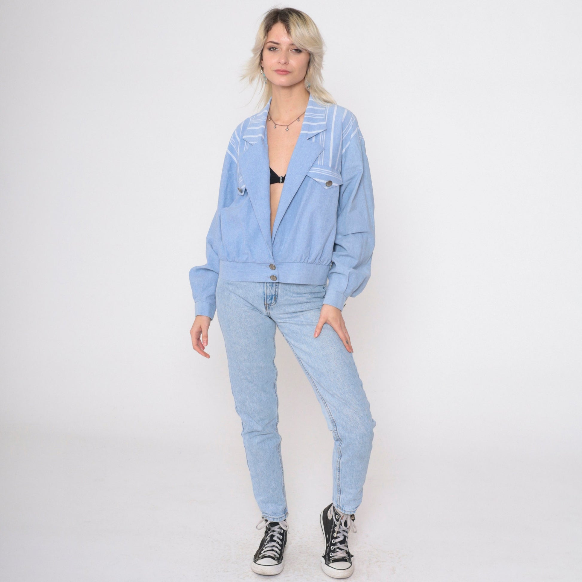 90s Ali Miles Chambray Blazer Blue Striped Deep V Neck Button Jacket Large