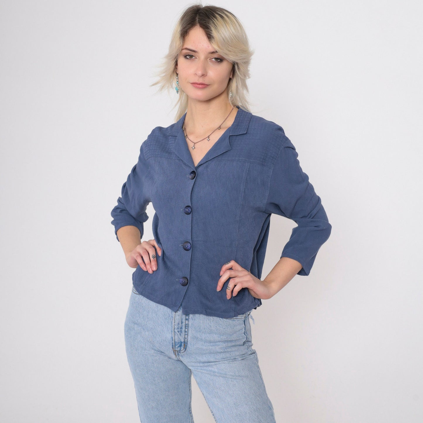 90s Blue Button Up Blouse Asian Chop Stamp Print Textured Yoke Small