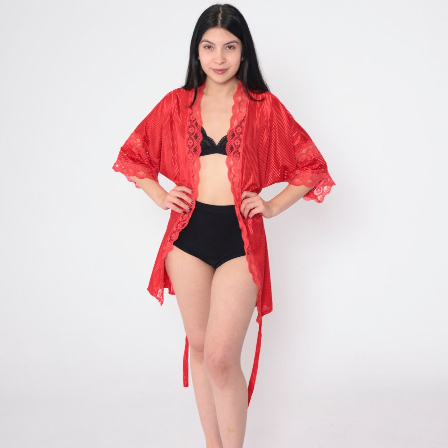 90s Fredericks of Hollywood Red Lace Striped Tie-Front Robe Mini Medium M