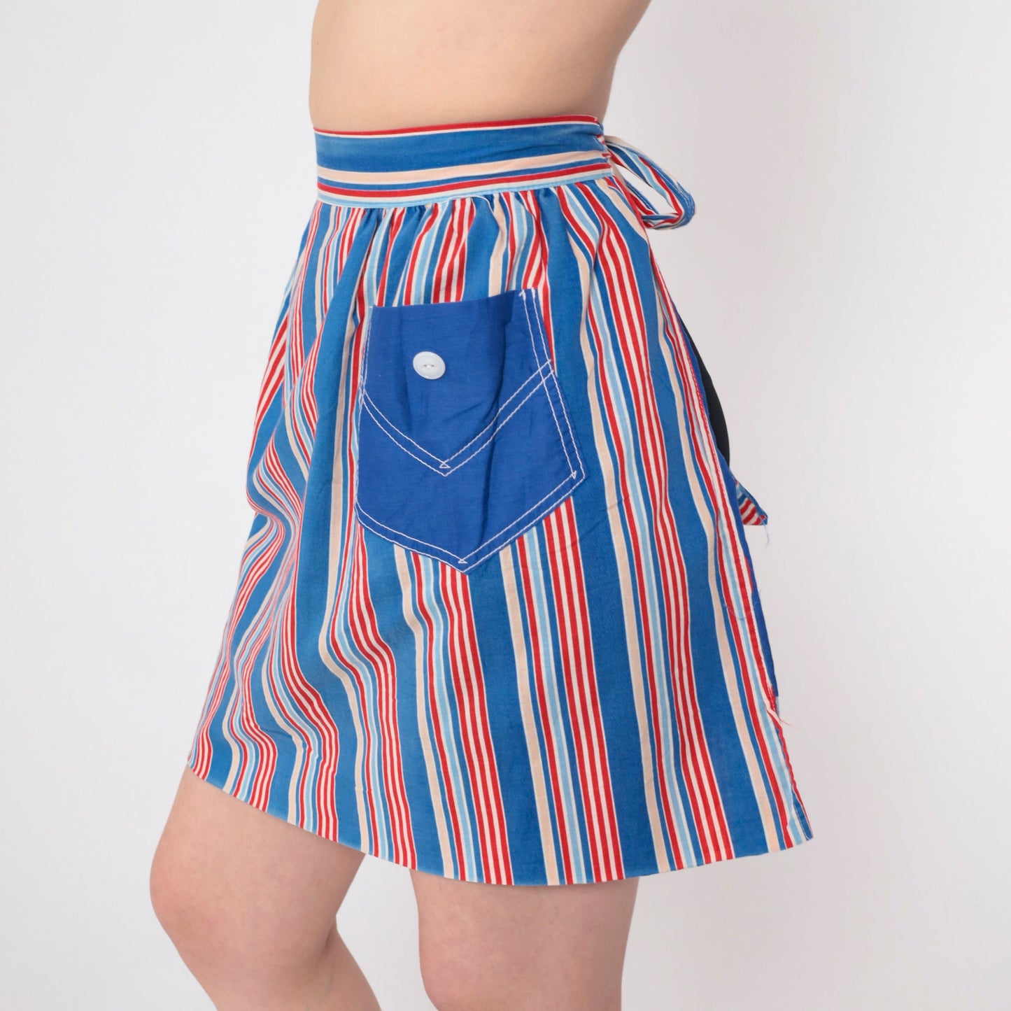 60s Reversible Half Apron Mini Striped Red White Blue Open Back Extra Small