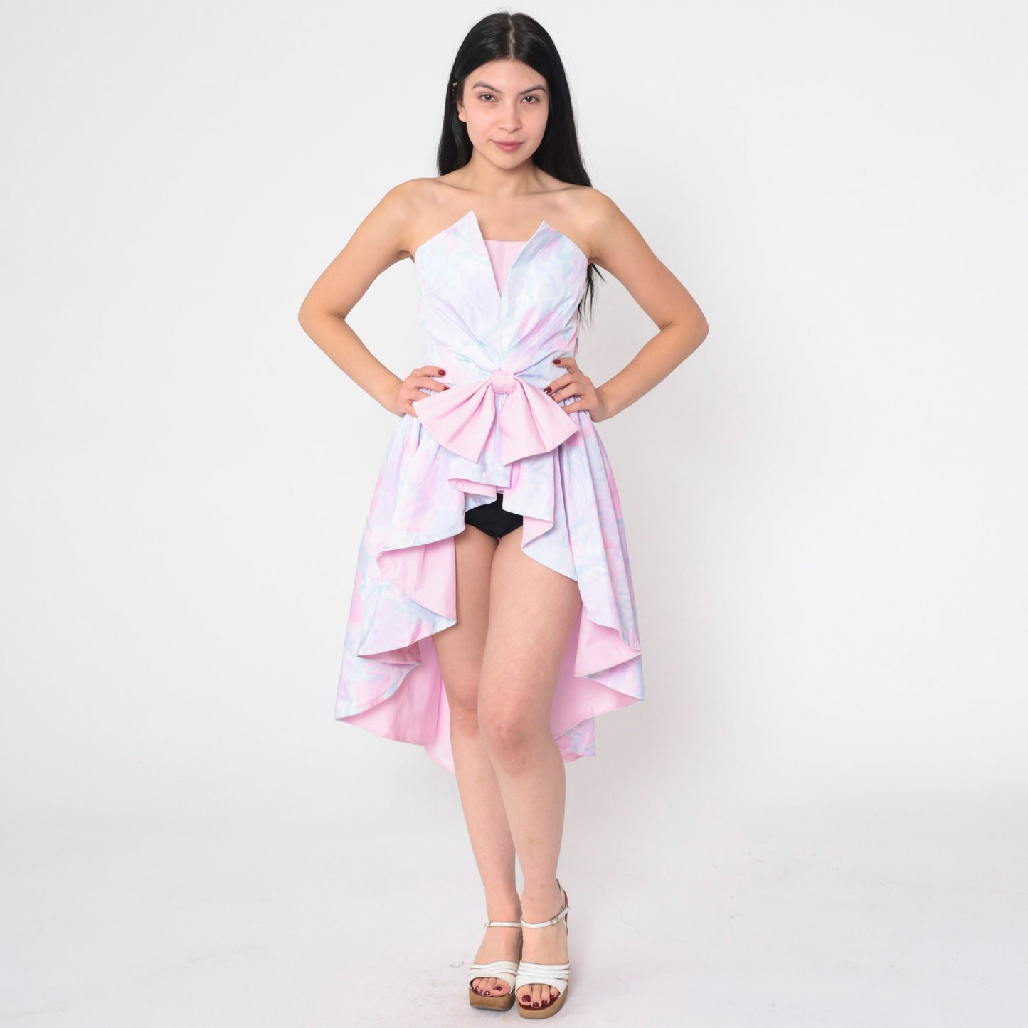 80s Strapless Waterfall Hem Dress Pastel Pink Purple Floral Bow Extra Small