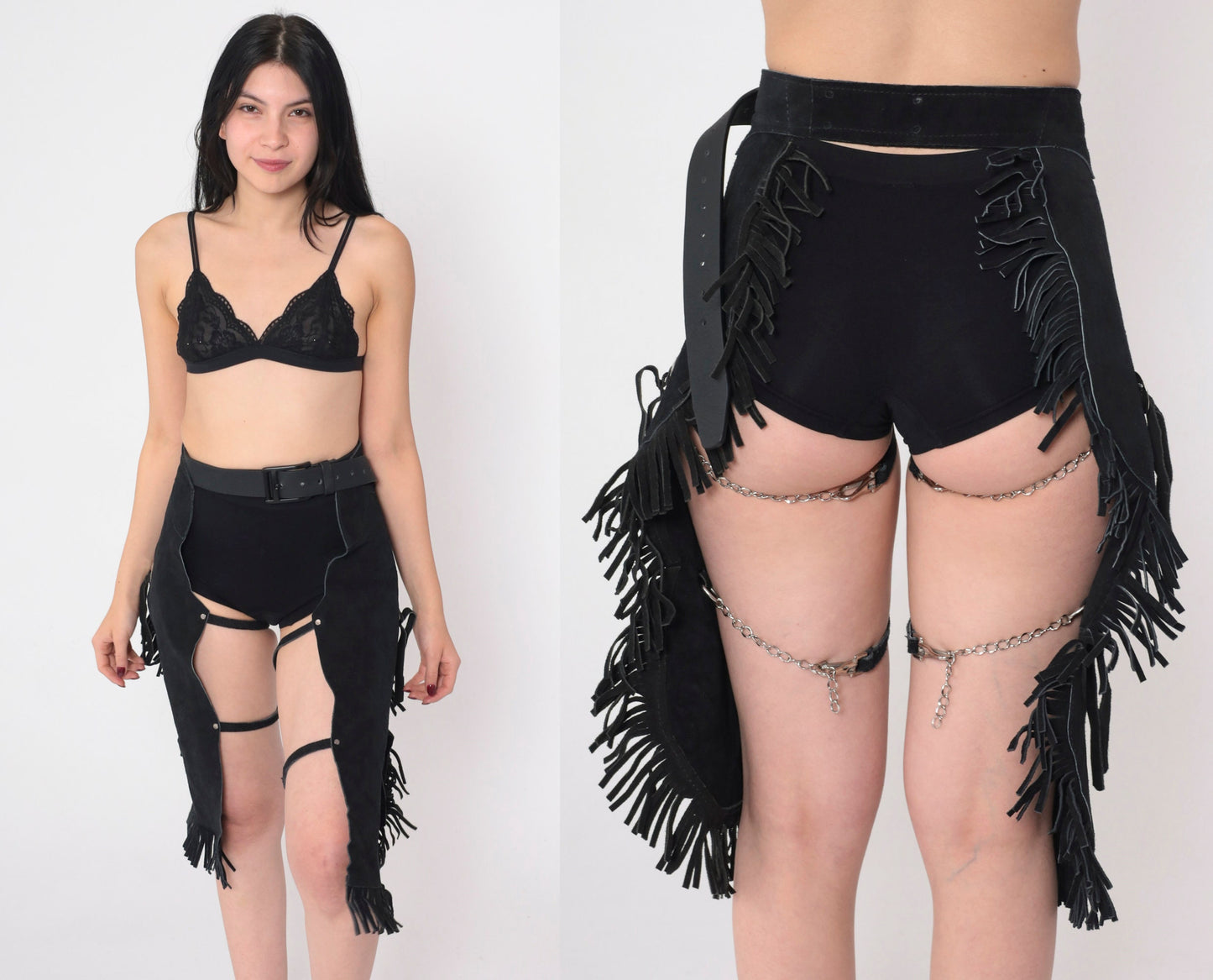 90s Black Suede Fringe Chaps Capri Length Concho Leg Straps Extra Small Medium
