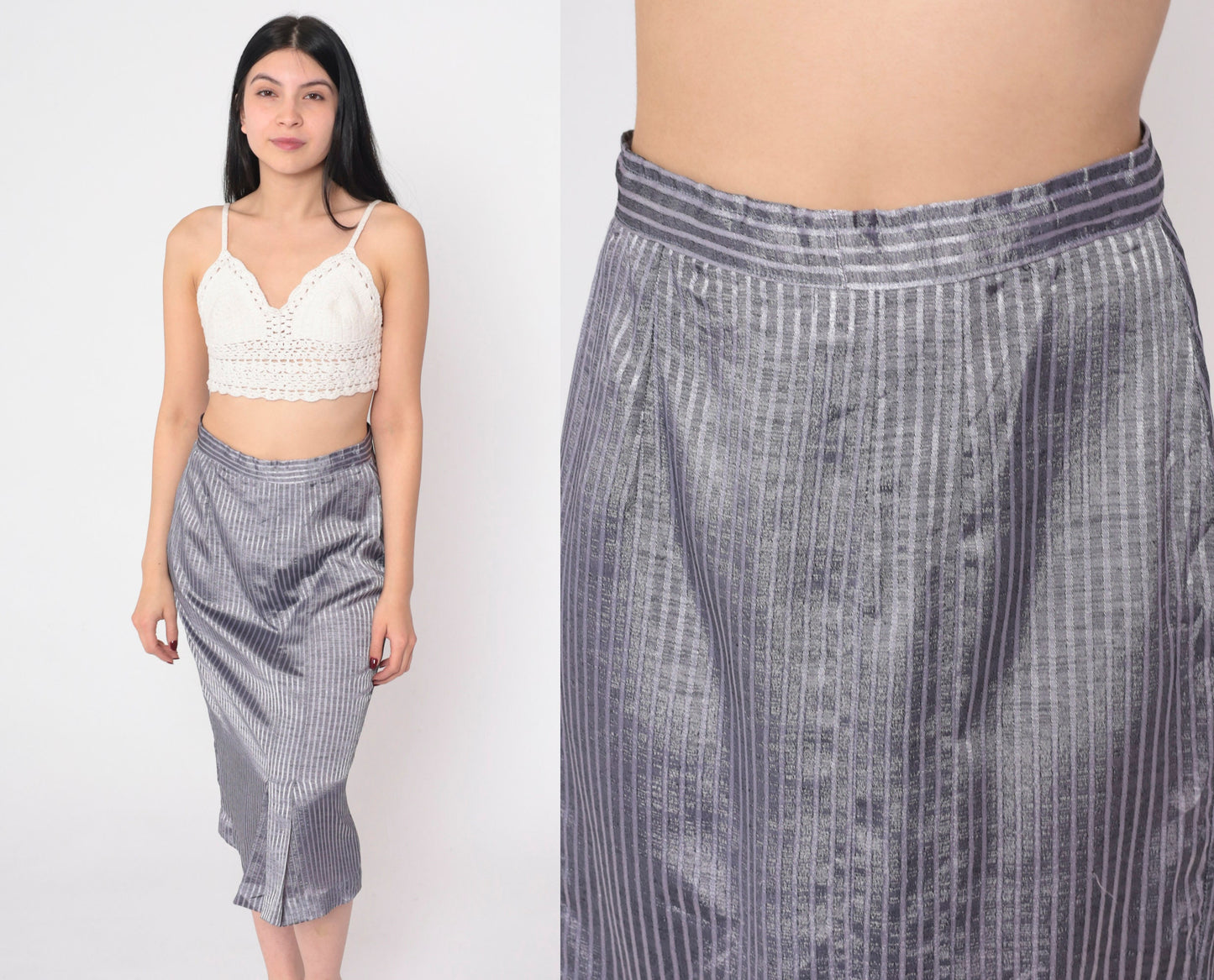 70s Pinstriped Grey Midi Pencil Skirt High Waisted Pleated Small