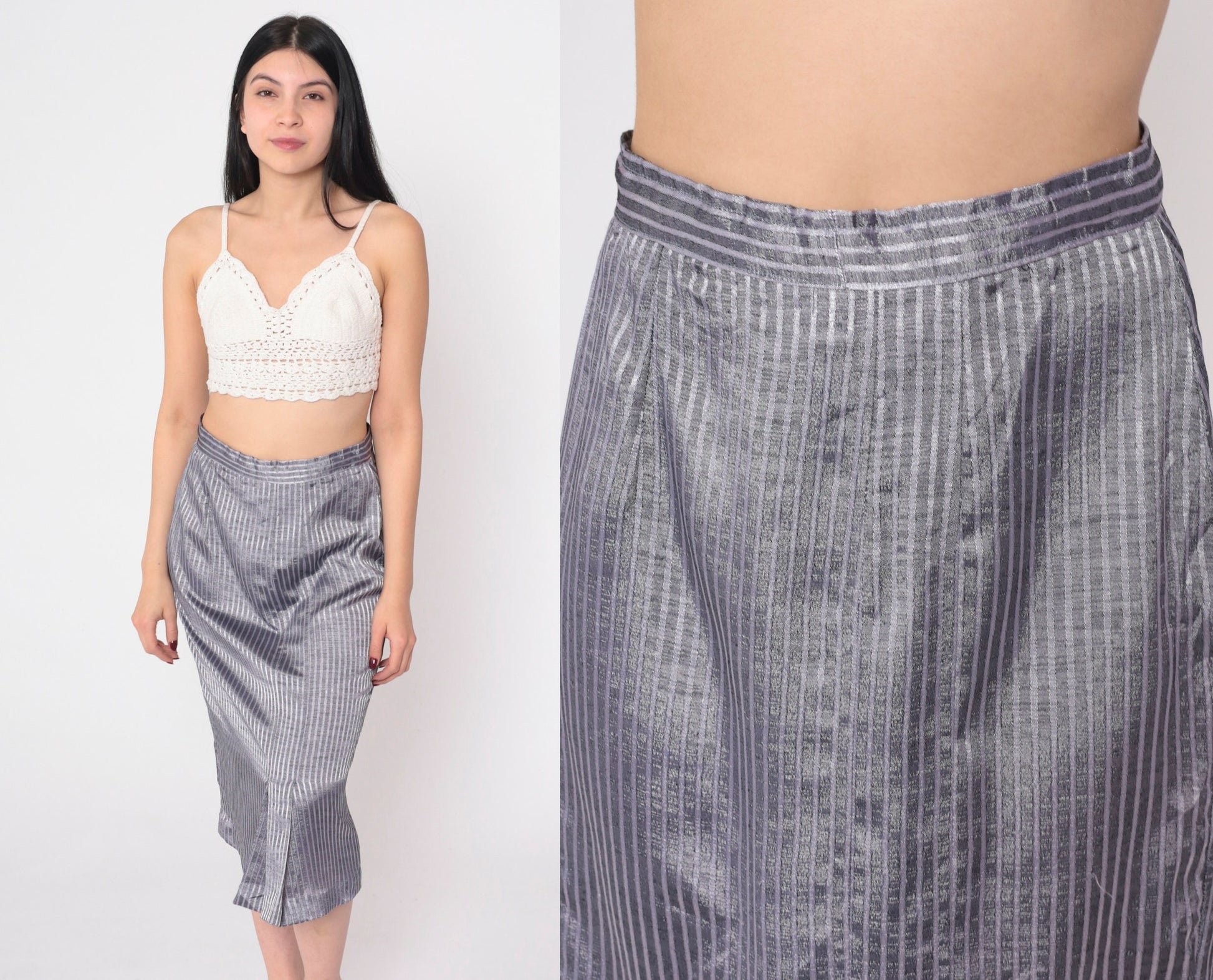 70s Pinstriped Grey Midi Pencil Skirt High Waisted Pleated Small