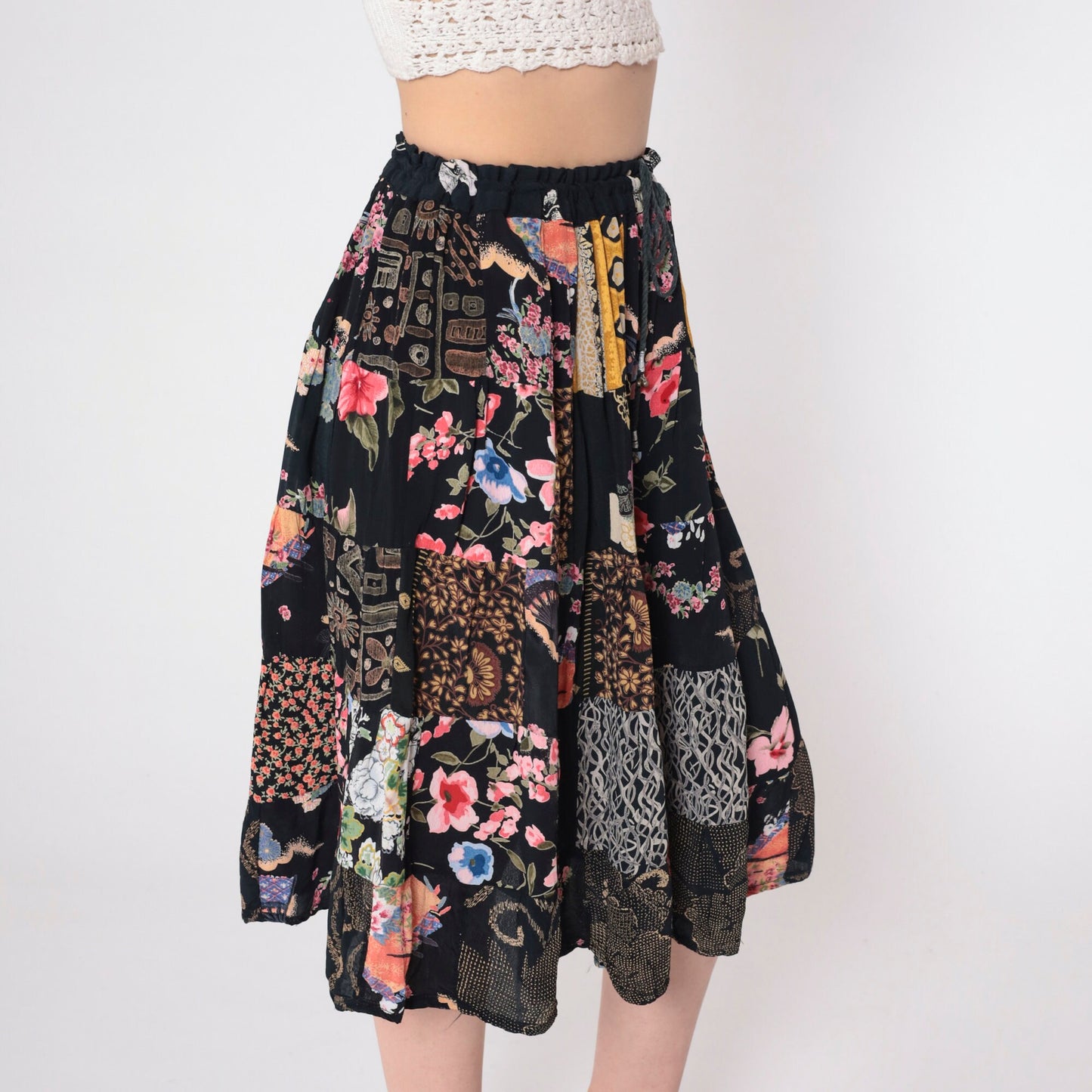 90s Black Floral Patchwork Midi Skirt Drawstring Waist One Size