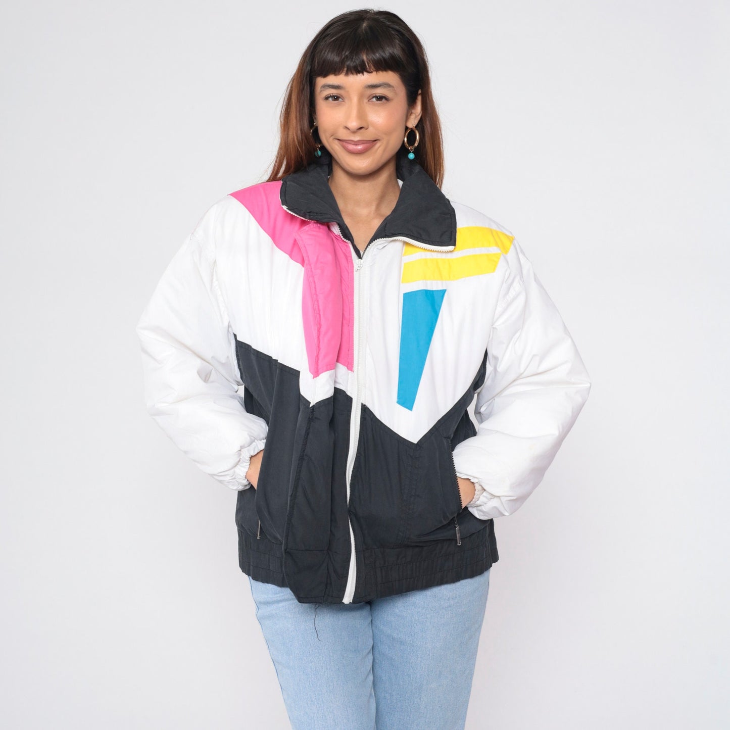 80s Geometric Colour Block Puffer Ski Jacket Black White Blue Pink Yellow Medium