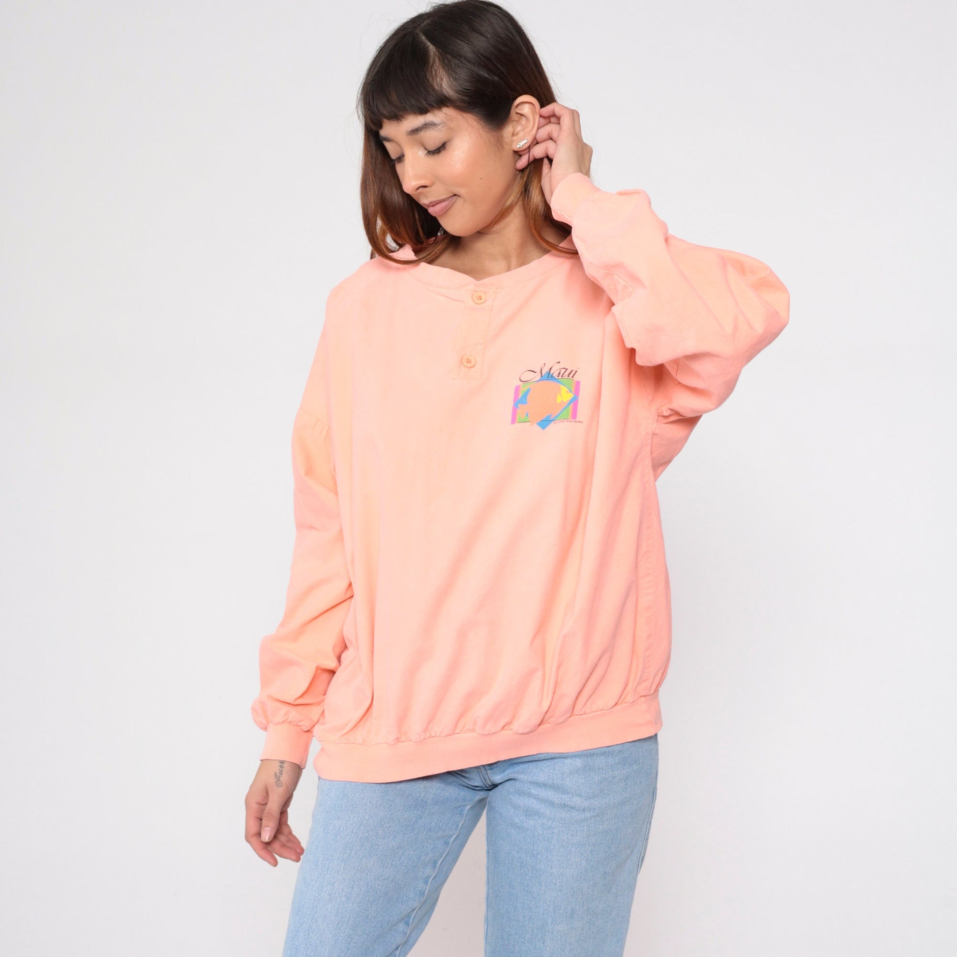 90s Crazy Shirts Maui Tropical Fish Henley Sweatshirt Peach Pink Extra Large XXL
