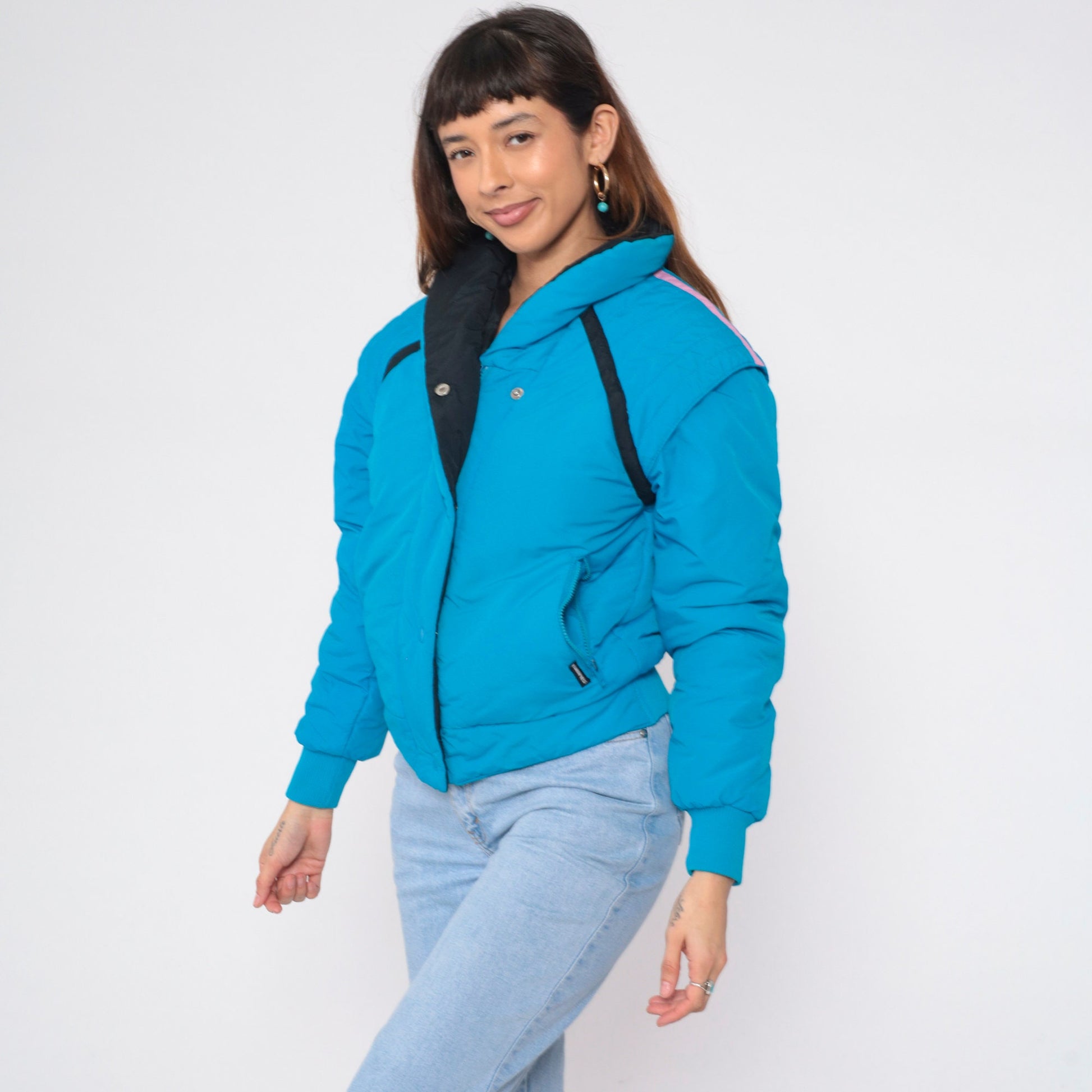 80s Bright Blue Puffer Ski Jacket Convertible Zip-Off Sleeves Vest Extra Small