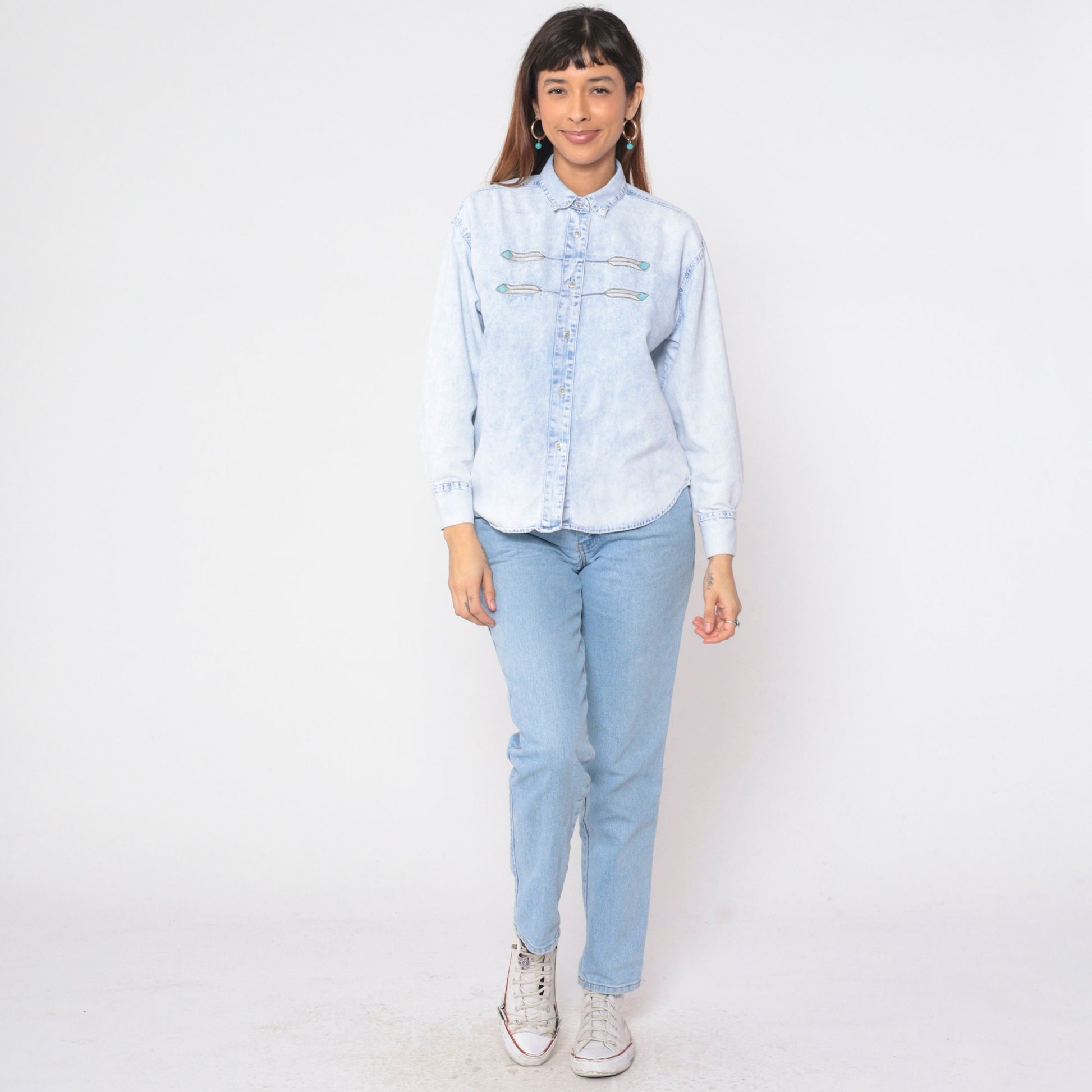 90s Jordache Denim Shirt Light Blue Embroidered Feather Southwestern Button Up Medium