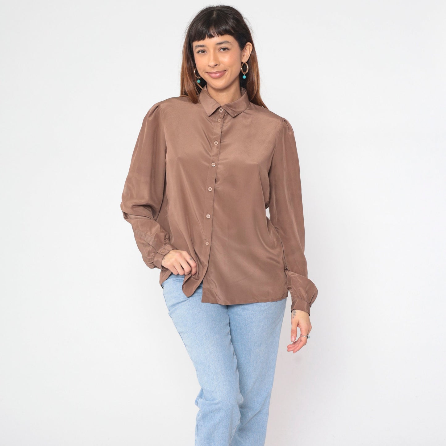 80s Regina Porter Puff Sleeve Blouse Mocha Brown Button Up Shirt Large