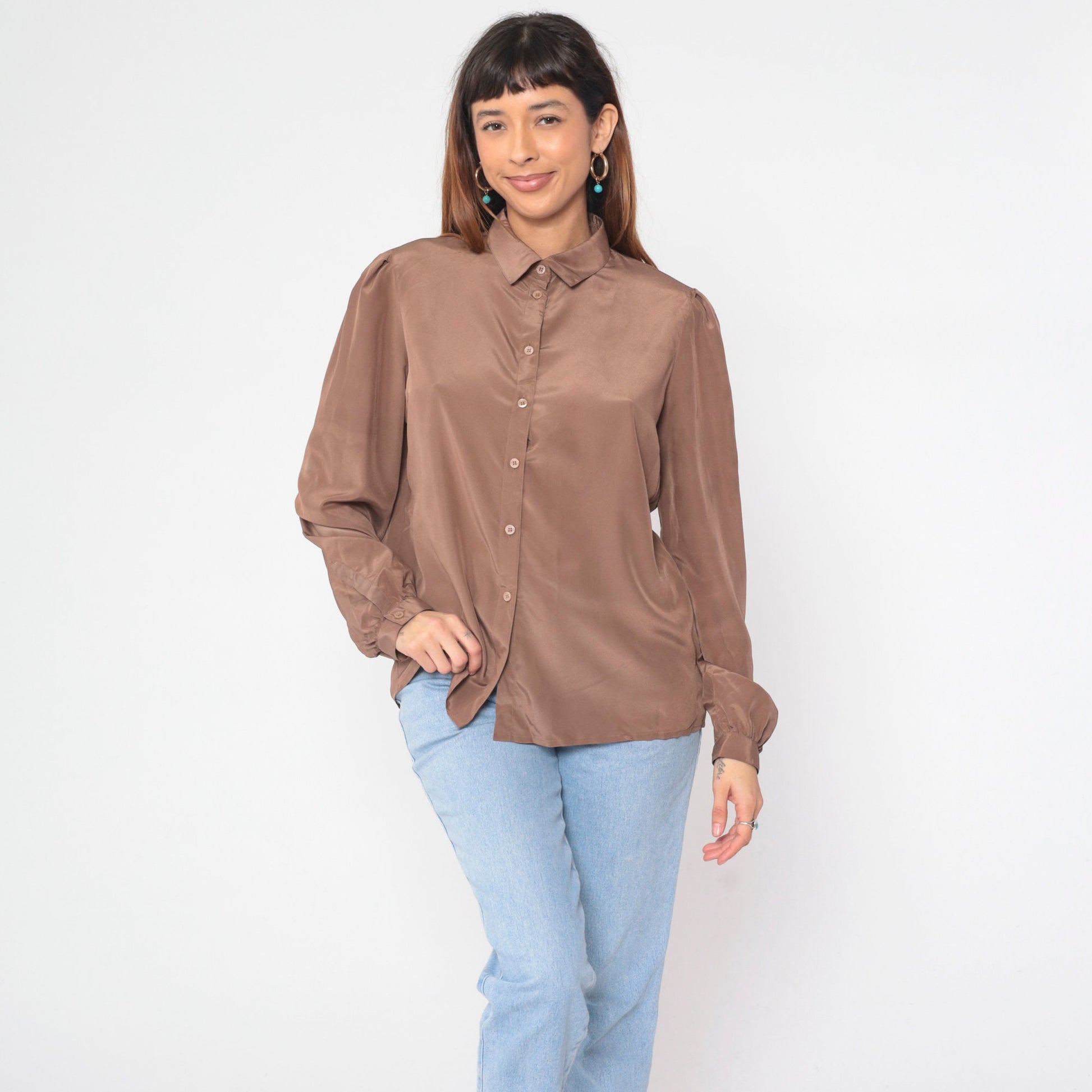 80s Regina Porter Puff Sleeve Blouse Mocha Brown Button Up Shirt Large
